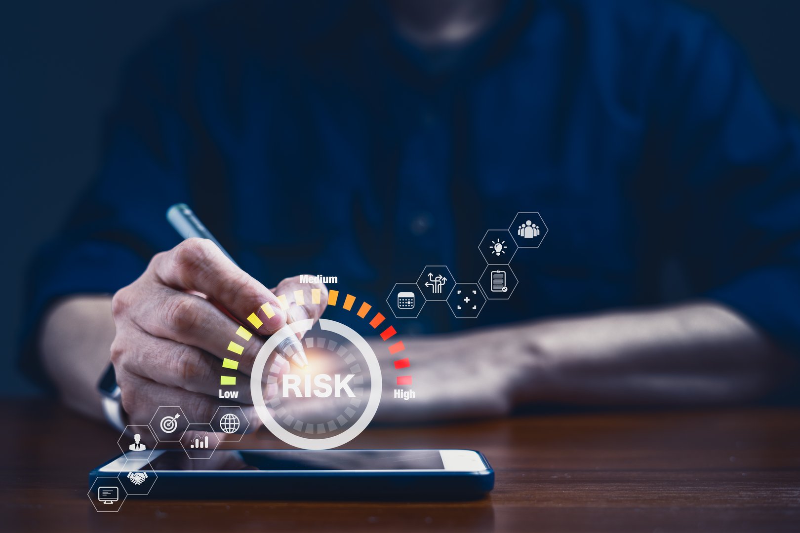 Businessman demonstrates the strategic decision-making in the realm of finance, engages in a analysis of opportunities, navigates the complexities of risk management and strategy on virtual screen