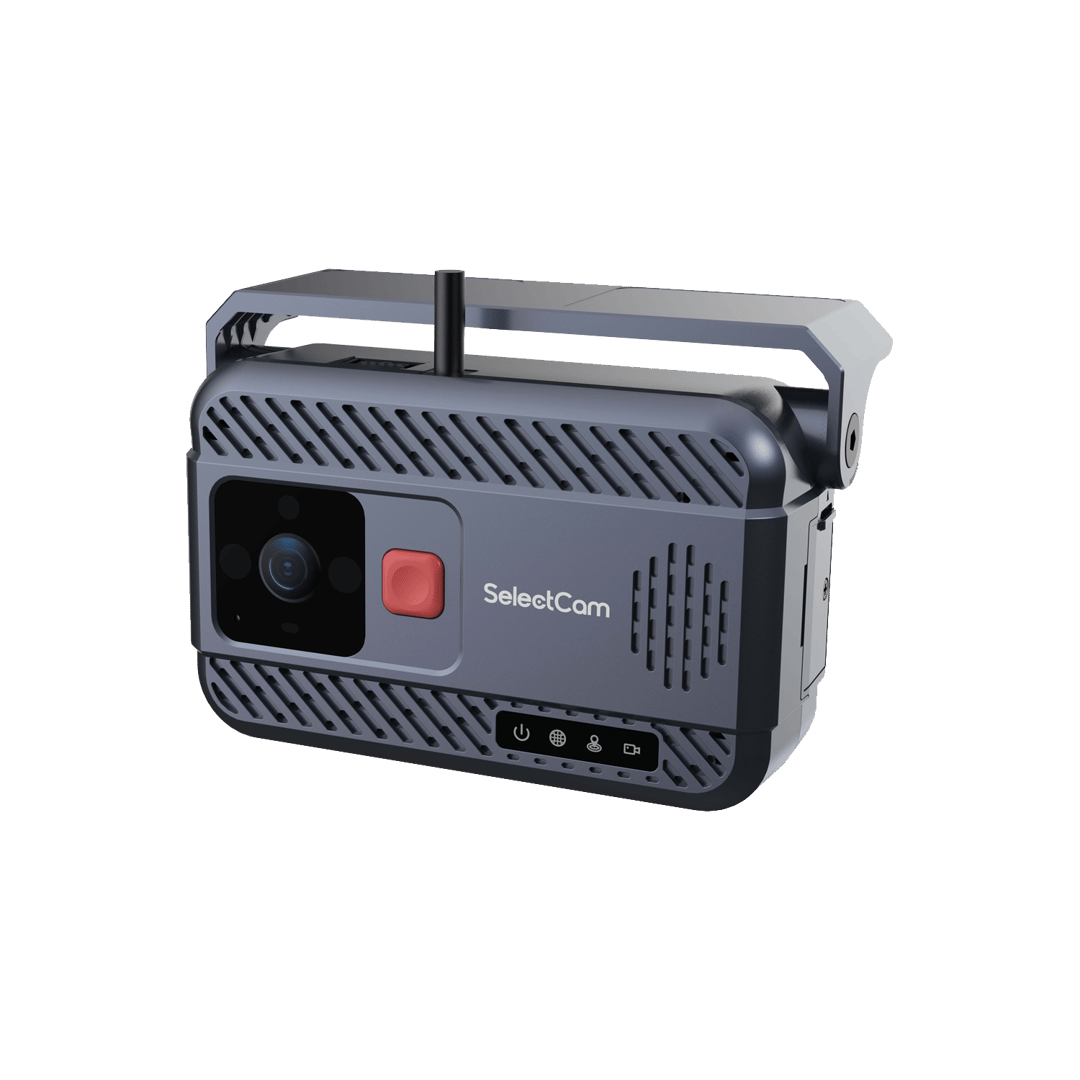 Black SelectCam dash cam with SOS button, perforated design, and camera lens