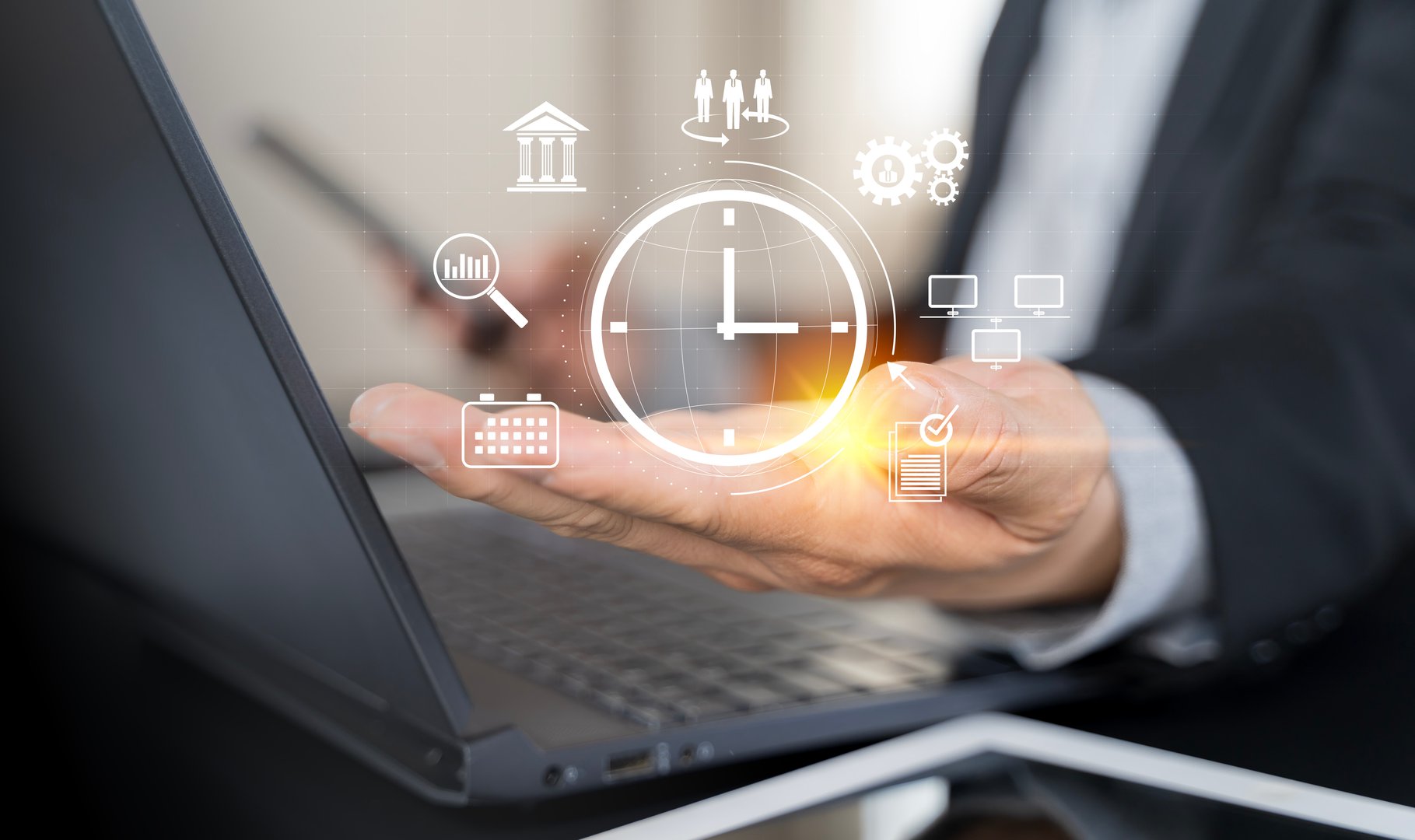 Business project planning. Time management concept. Businessman touching clock icon on virtual to work planning for increases efficiency and reduces work time.