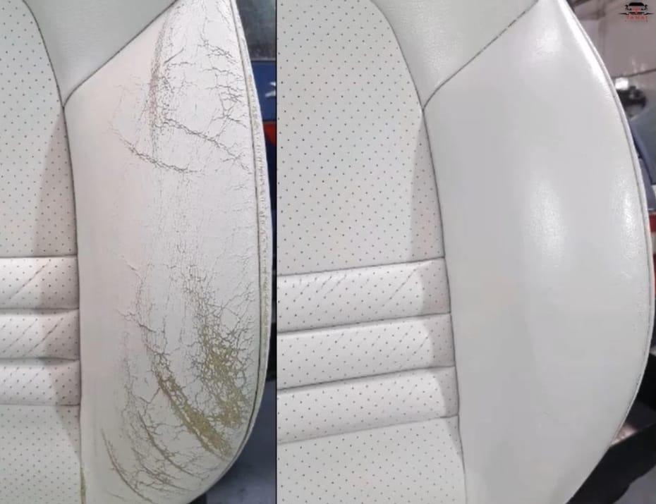 The detailing master cleans the car interior with a hot steam cleaner close-up. Dry cleaning of the car interior, close-up, selective focus. Car detailing and the concept of car interior care.