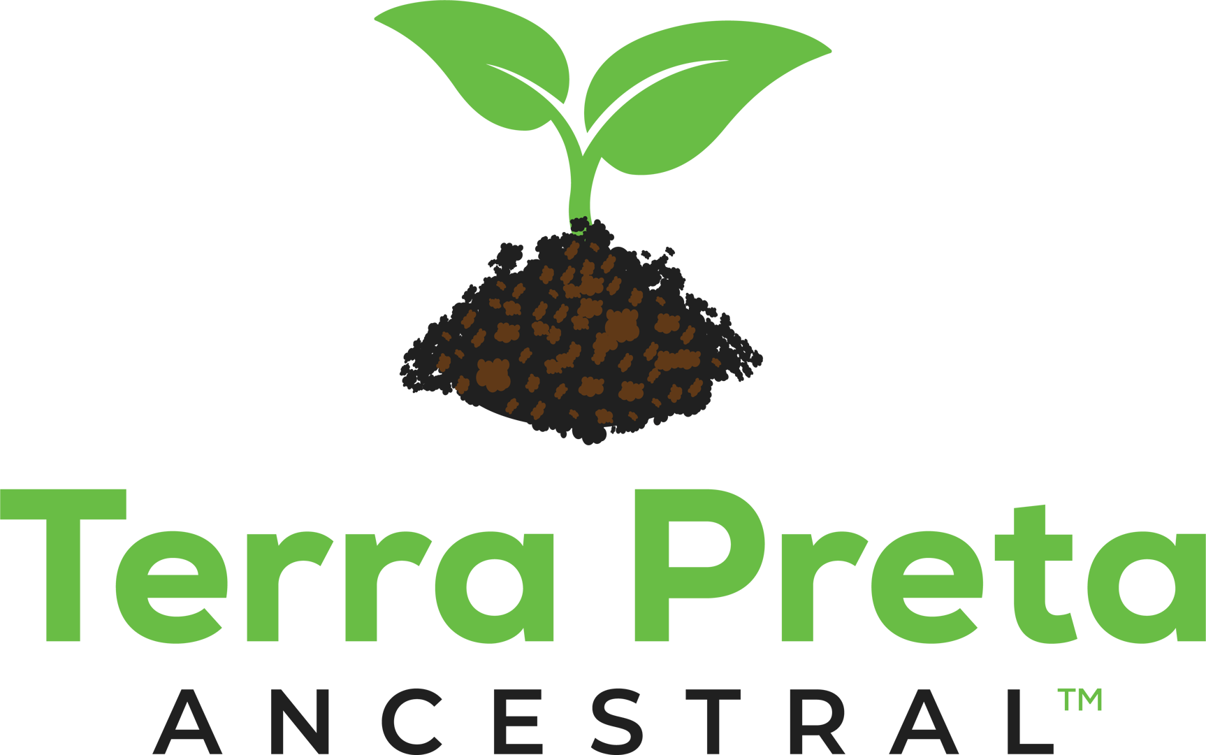 Logo with green text Terra Preta Ancestral and an illustration of a plant sprouting from dark soil.