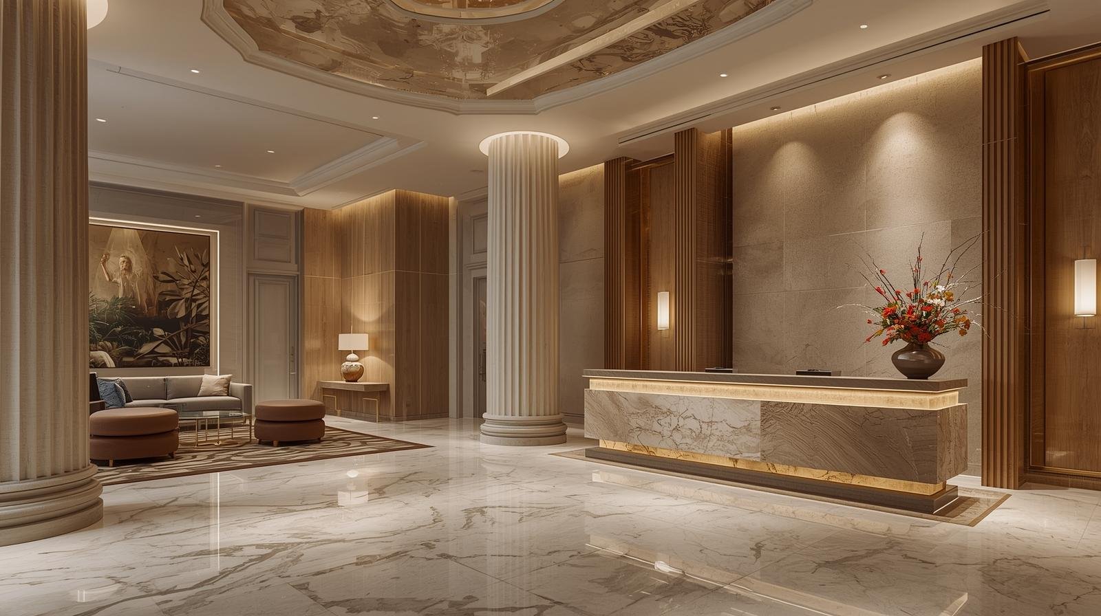 Commercial interior space with decorative plaster finish