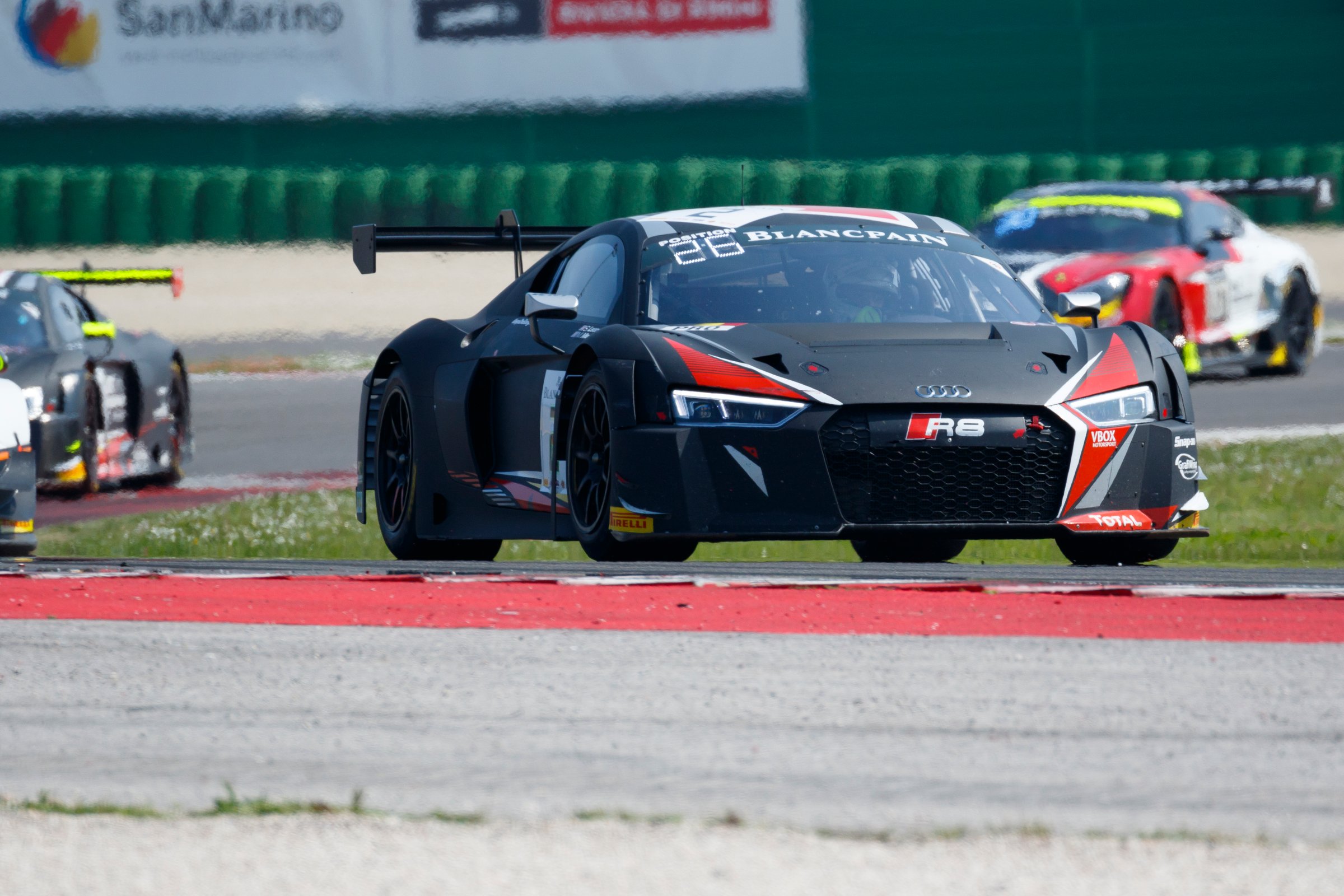 Misano Adriatico, Italy - April 10, 2016: Audi R8 LMS of Belgian Audi Club Team WRT, driven by Stuart Leonard and Michael Meadows,  the Blancpain GT Series Sprint Cup.
