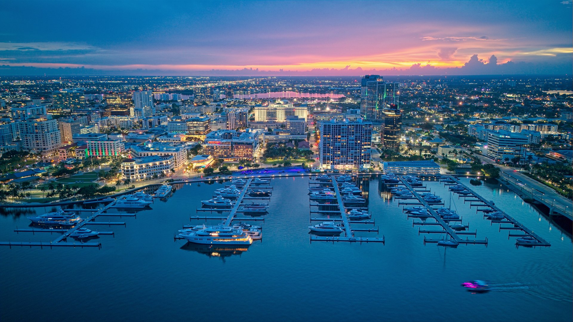 aerial view of PB Yacht Club at sunset