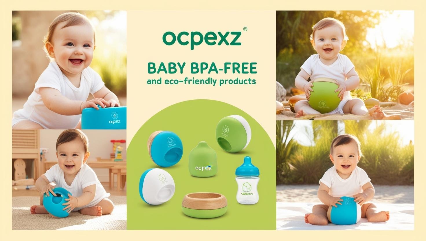 Collage of cute baby playing with eco-friendly, BPA-free products like toys and bottles from Ocpexz.