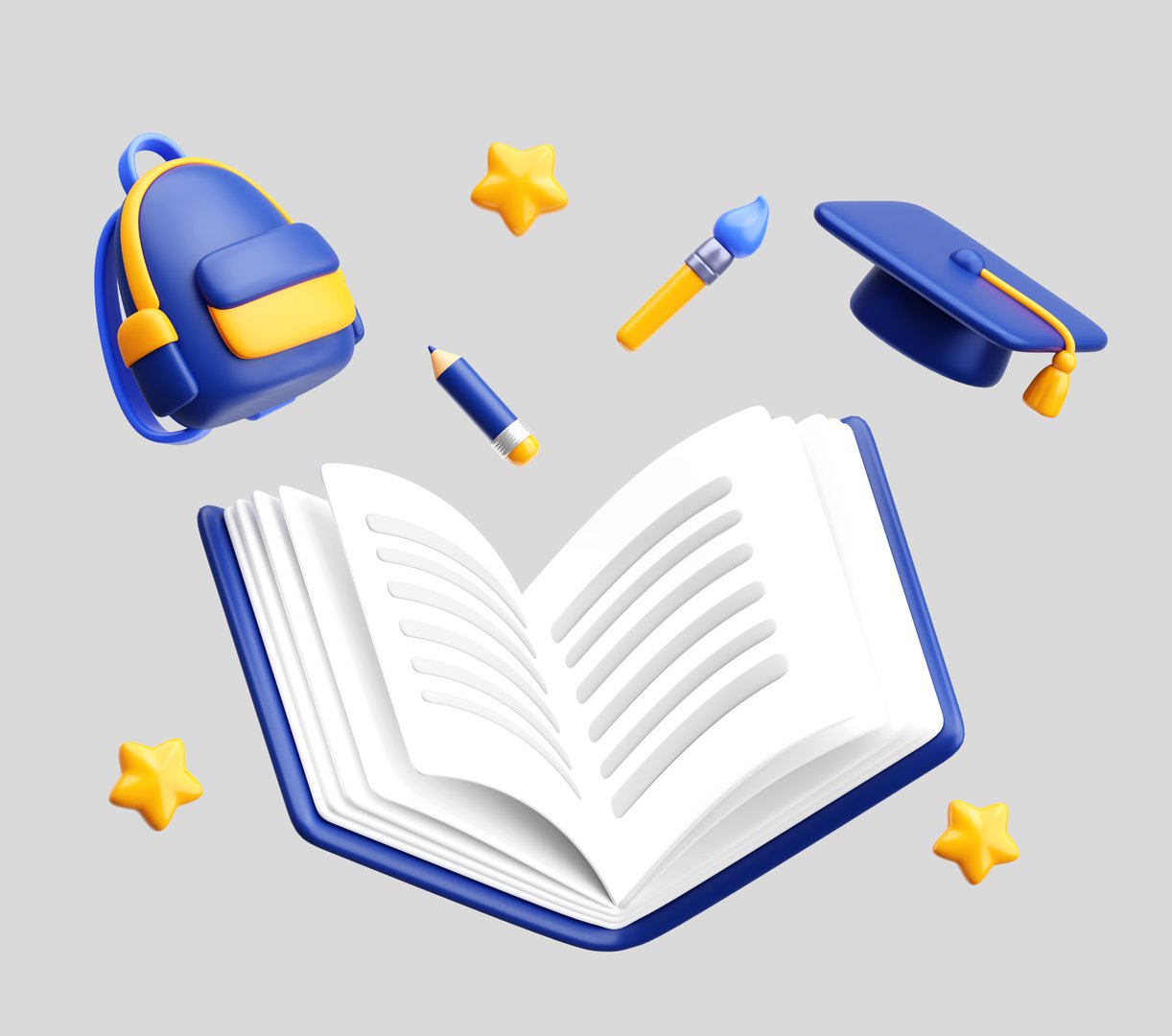 Playful 3D composition of floating education elements including open book, backpack, pencil, brush, and graduation cap. Perfect for school and learning concepts.