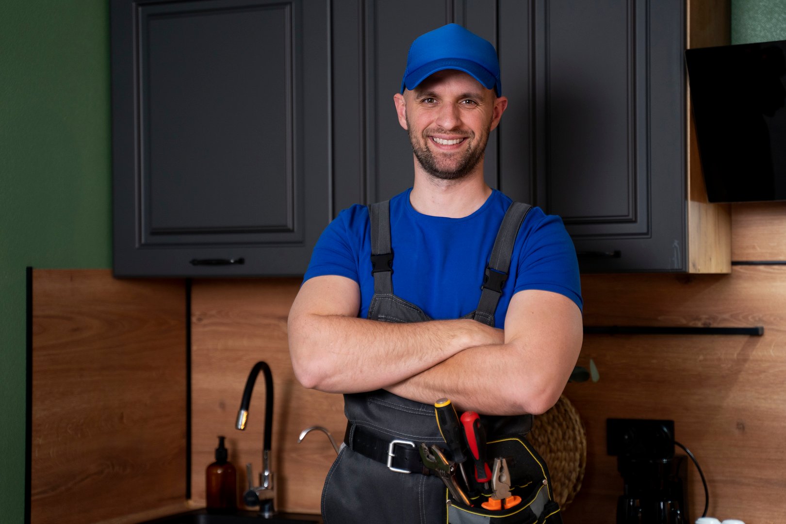 Smiling handsome plumber standing with crossed arms and looking at camera in kitchen.