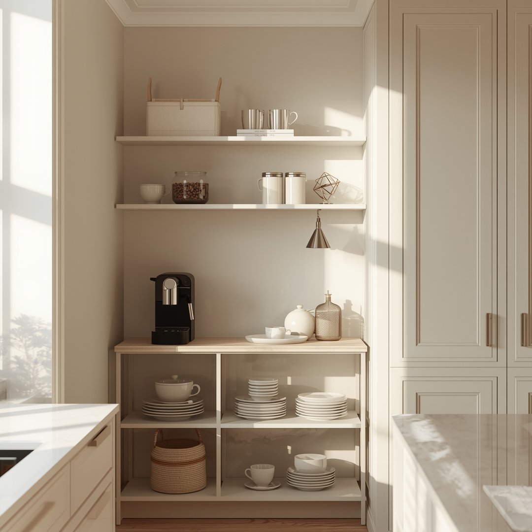 Lys kaffestasjon i skandinavisk kjøkken med hvite og beige toner