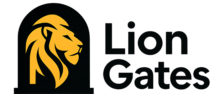 Logo with a yellow lion head inside a black arch and the text Lion Gates beside it.