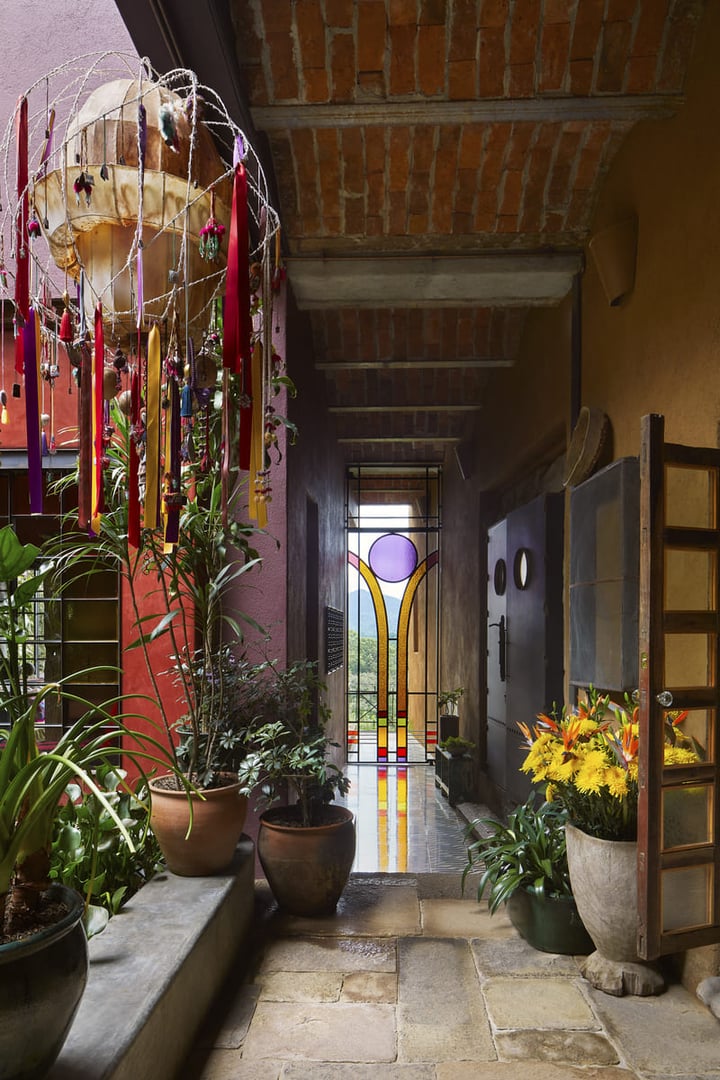 Colorful corridor with stained glass