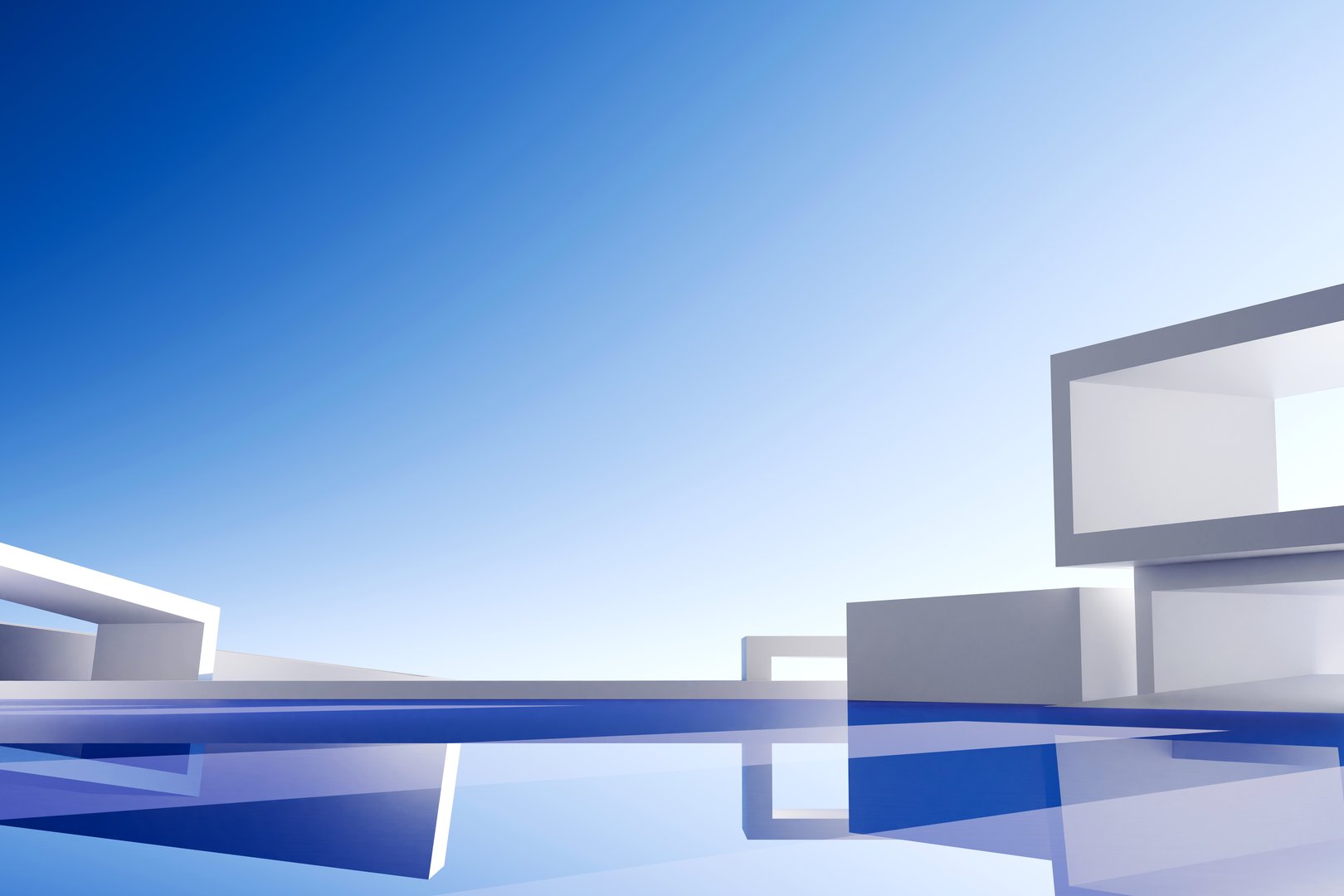 3D render of abstract modern architecture with blue sky and empty floor for product display or design mockup