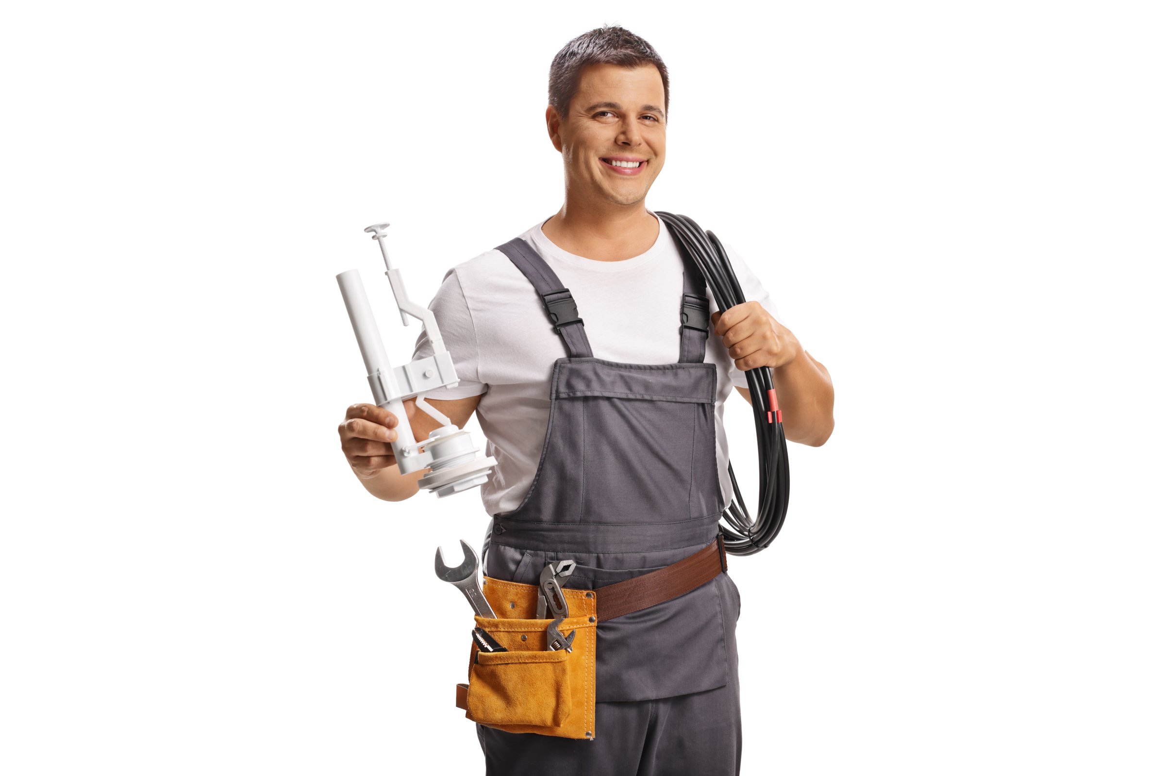 Plumber holding a toilet tank part and a drain hose isolated on white background