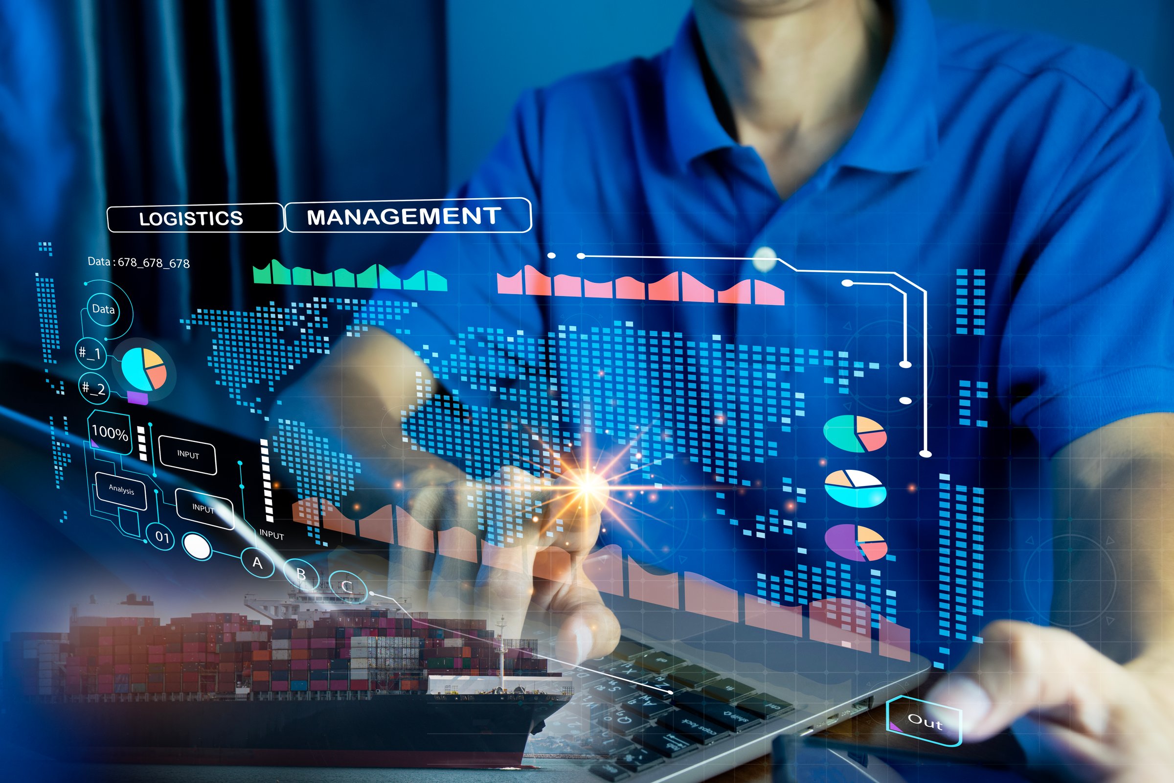 Supply Chain Management concept transportation and logistic suppliers, import export and transport industry. network distribution growth. container cargo ship and trucks of industrial cargo freight