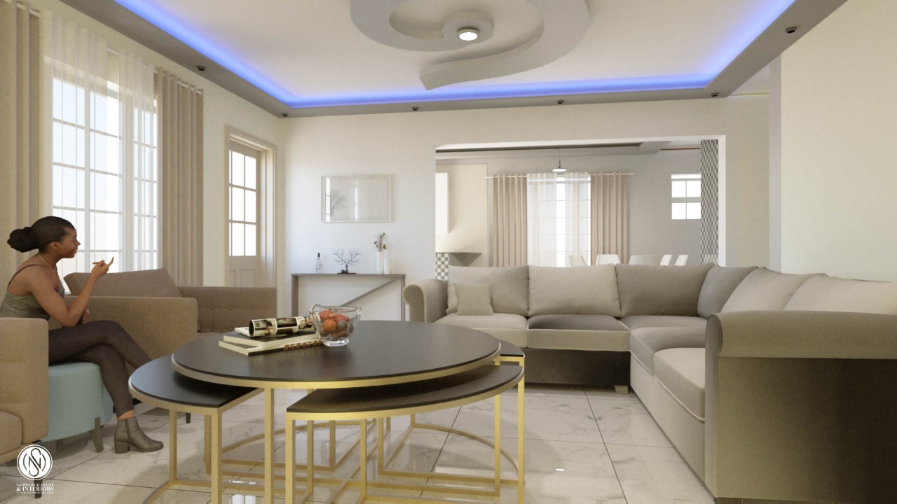 Modern living room with a woman sitting, circular coffee tables, LED ceiling lights, and a beige sectional sofa.