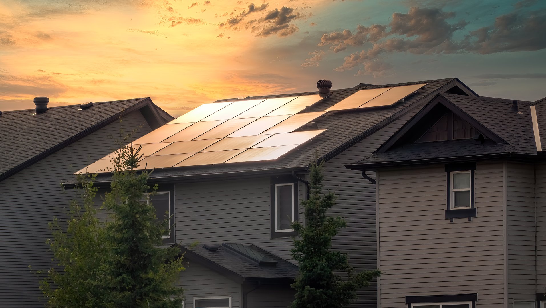 Calgary, Alberta, Canada. Aug 12, 2024. A residential home with a solar panel installation on the roof, capturing the setting sun against a vibrant sky.