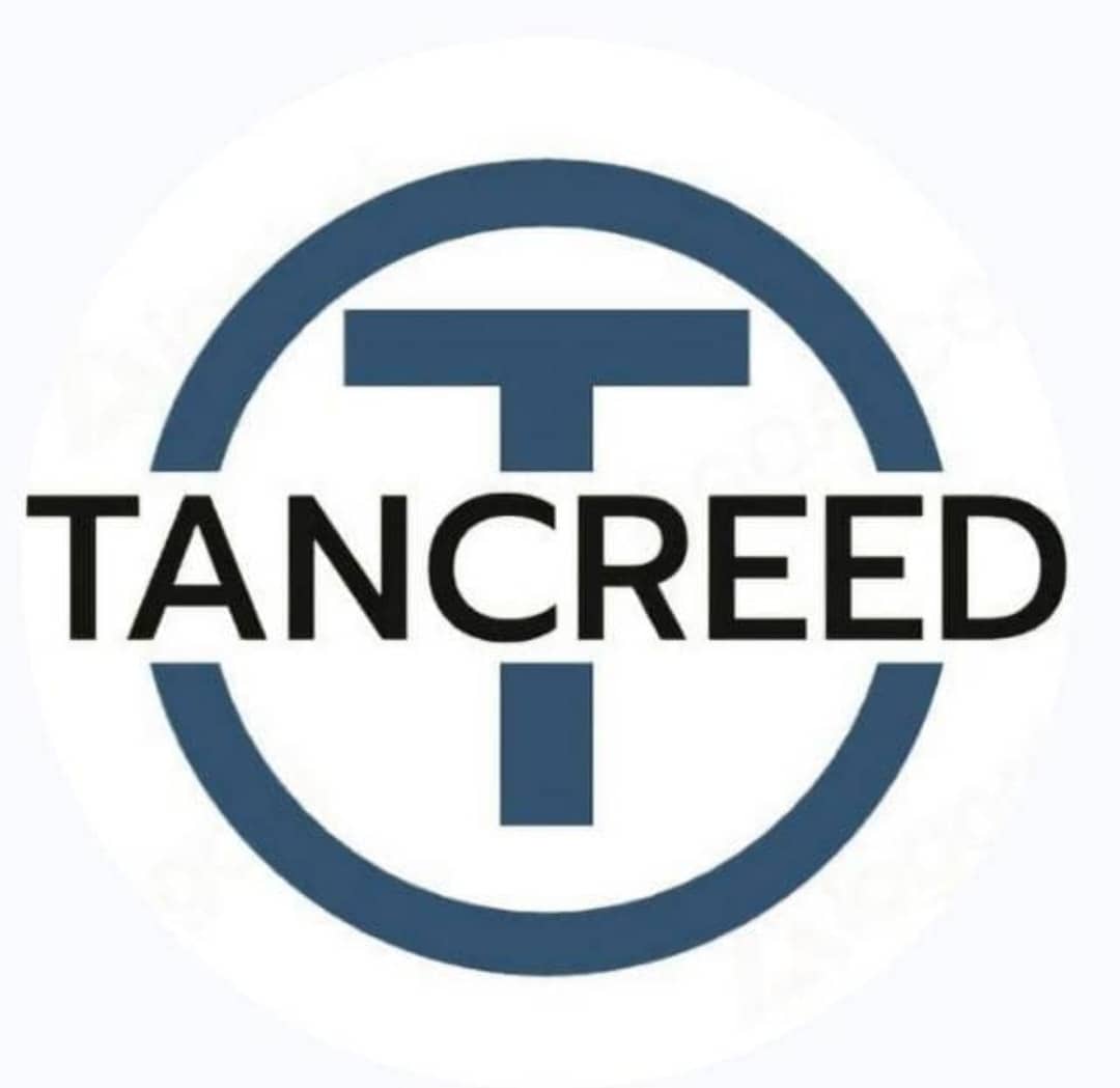 Logo with a large "T" inside a circle and the word "TANCREED" written across it, all in blue and black.