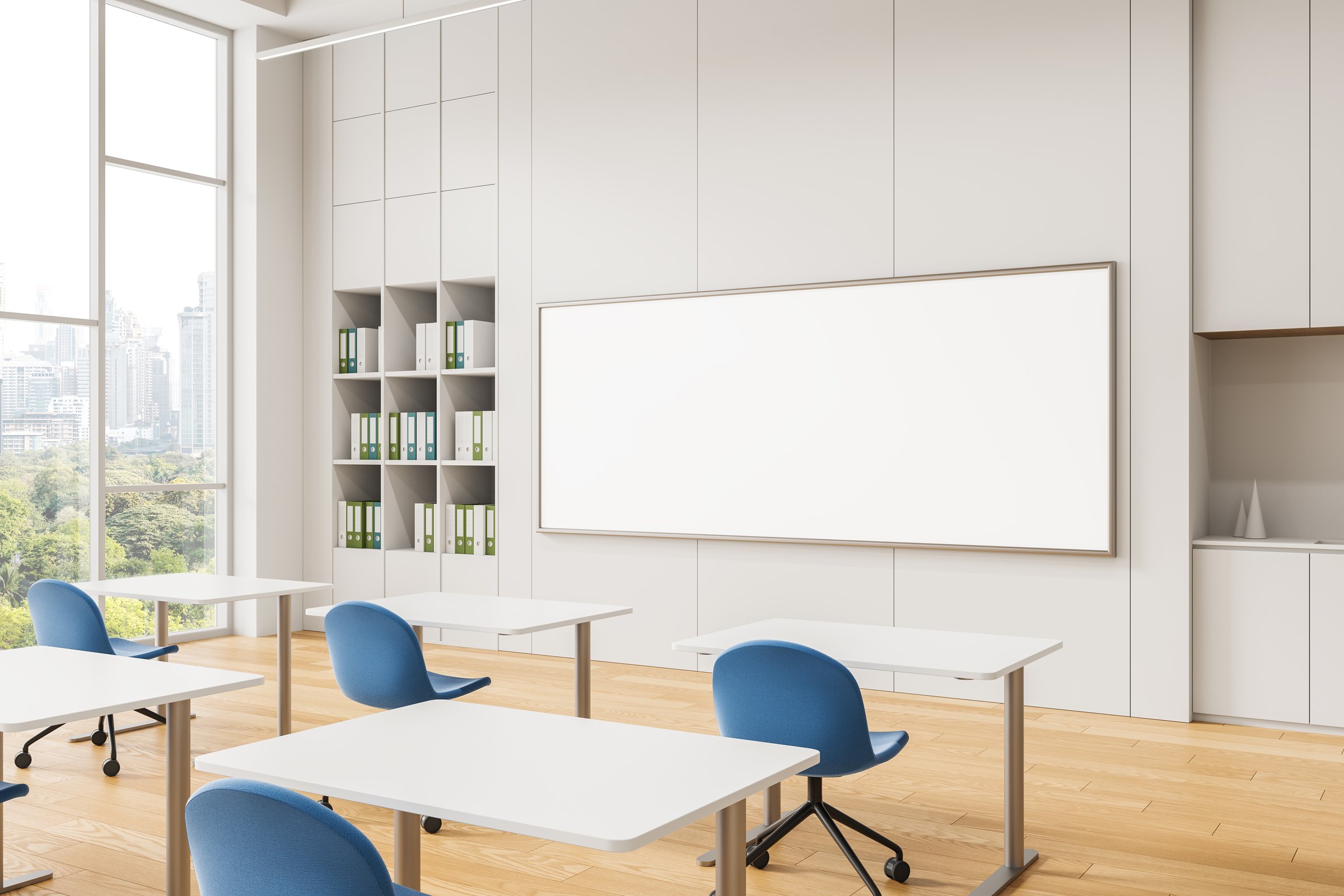 Classroom with blue chairs, white tables, large whiteboard, wood floor and bright city view background, 3D Rendering, concept of modern education design