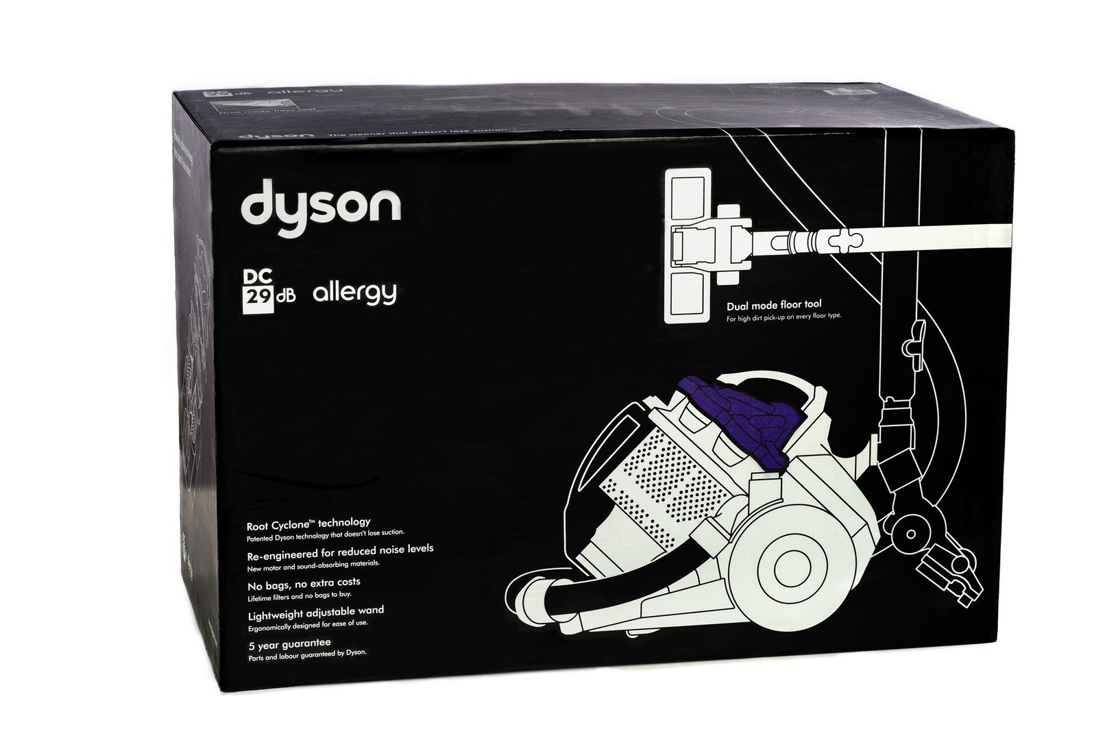 Rishon Le Zion, Israel - November 12, 2013: Cardboard box of Vacuum Cleaner Dyson DC 29 DB Allergy. Dual mode floor tool. For high dirt pick-up on every floor type. Imported to Israel