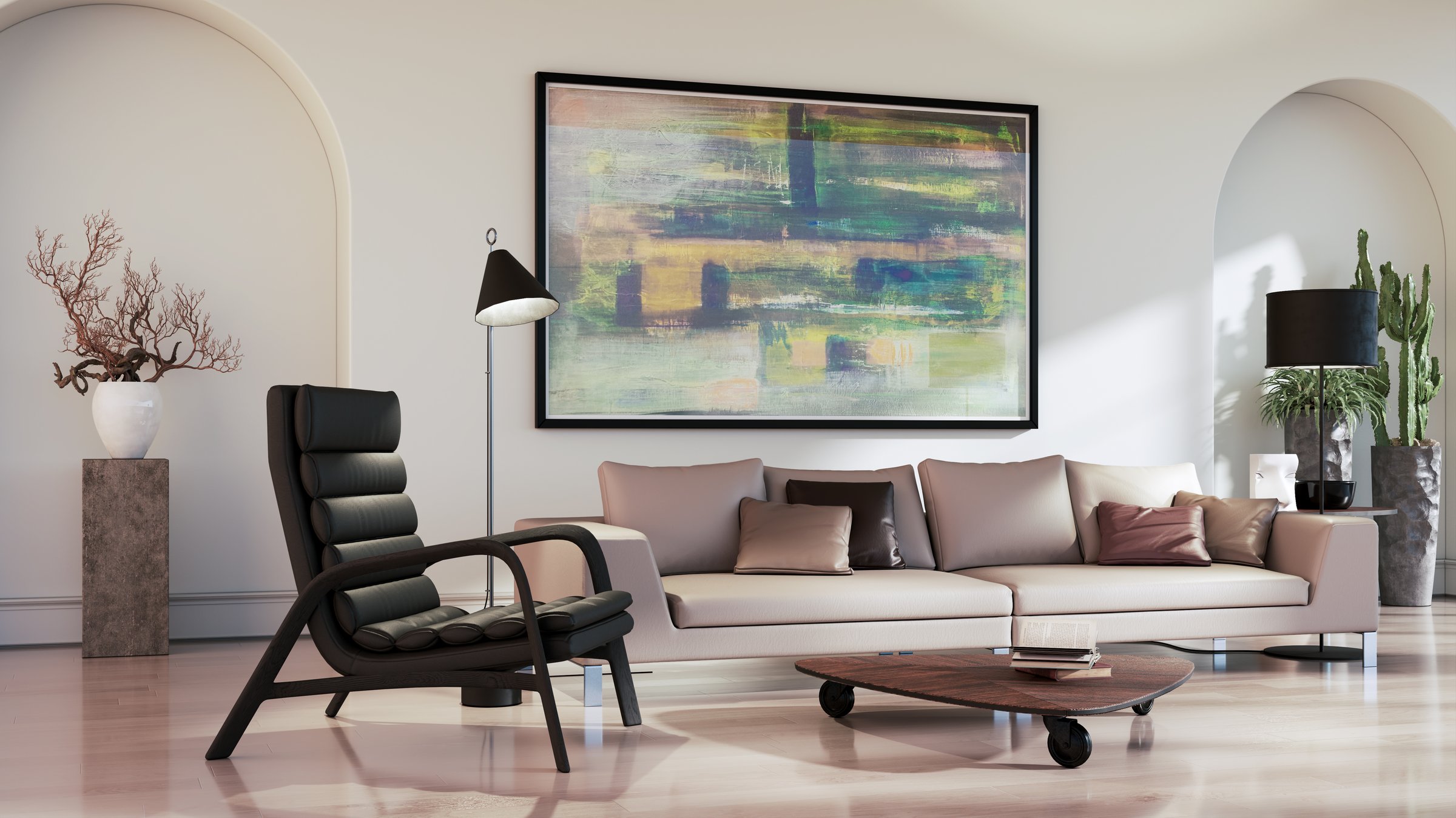 Large luxury modern bright interiors Living room mockup illustration 3D rendering image