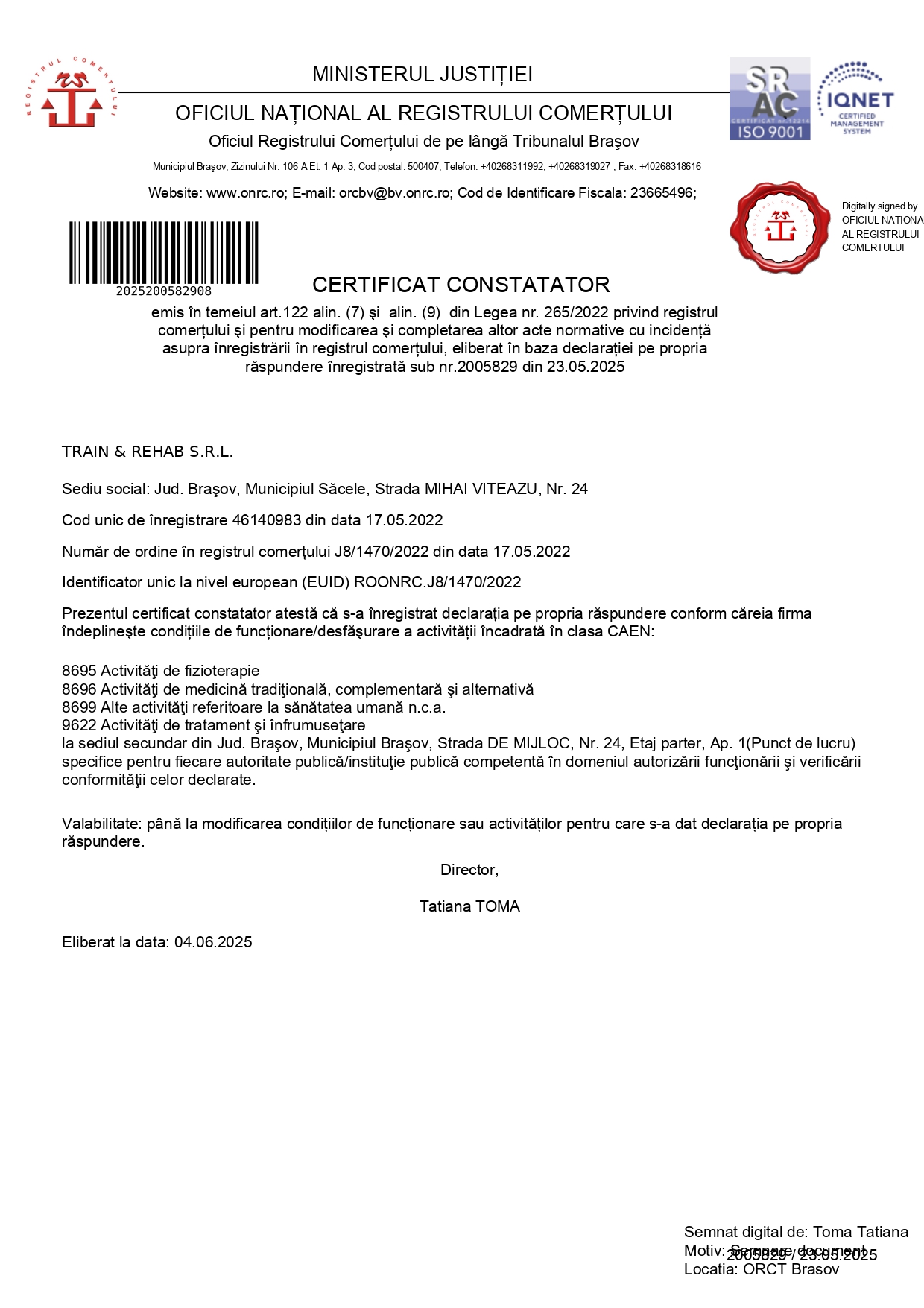 Certificat de Constatator - Document oficial OSTEOKINESIS