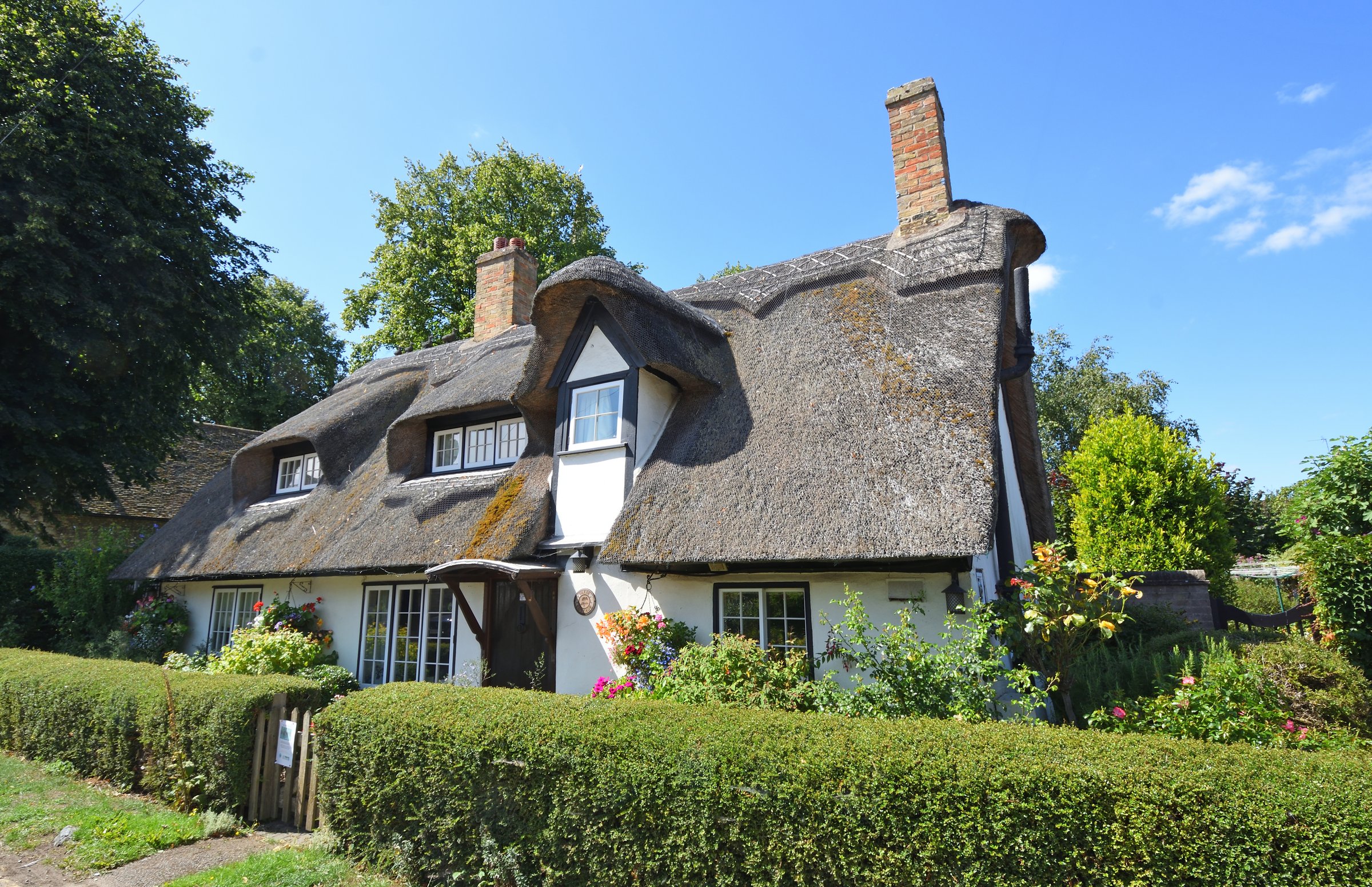 Houghton, Cambridgeshire, England - August 08, 2025: Thatched Cottage with hedge Houghton Cambridgeshire