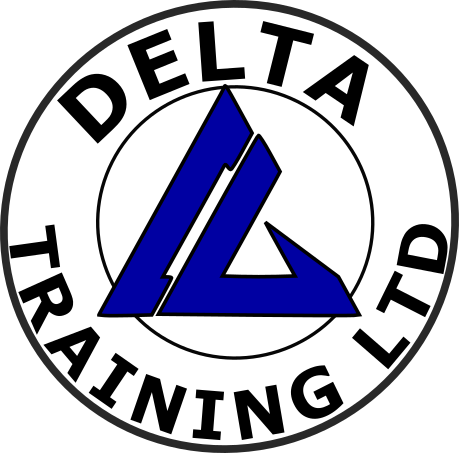 Logo with the text Delta Training Ltd and a central blue geometric triangle inside a circular black border on a white background.