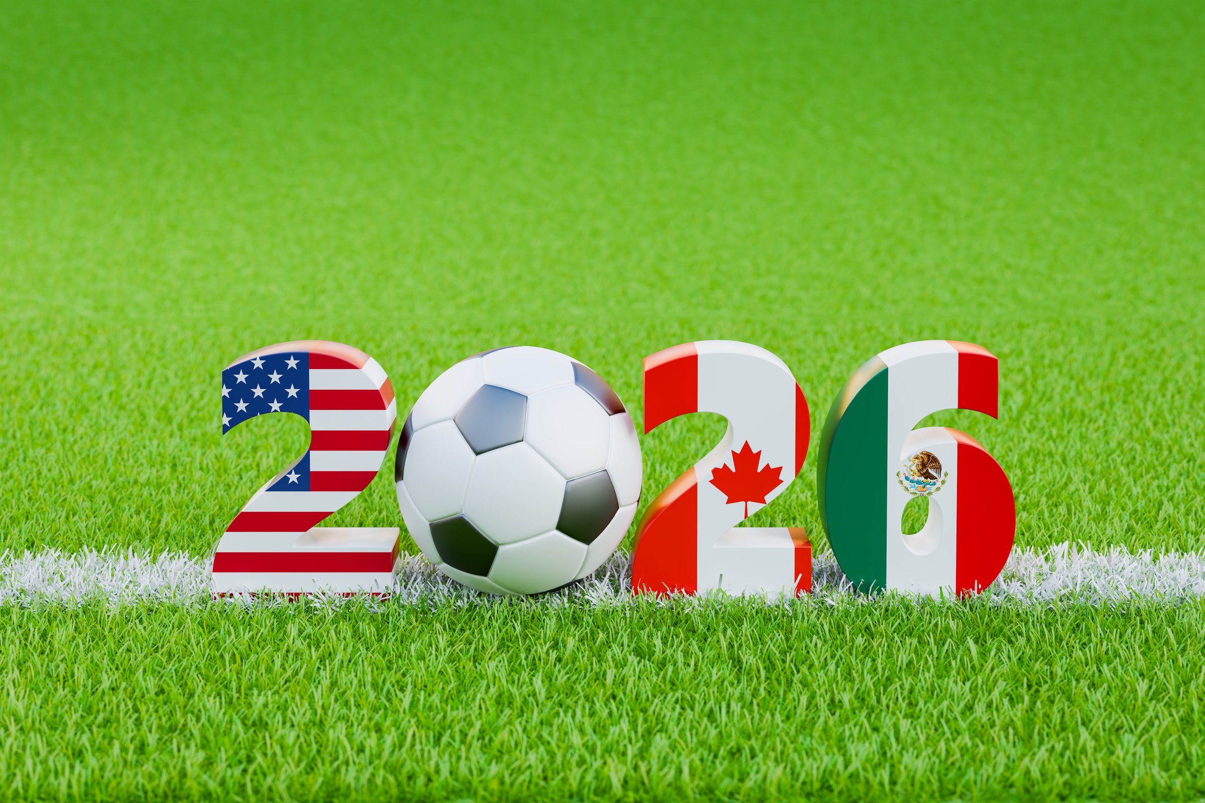 Soccer events in North America in 2026 concept. A soccer ball between the digits 2_26 on green grass with a chalk line. The digits colored in American, Mexican, Canadian flags.