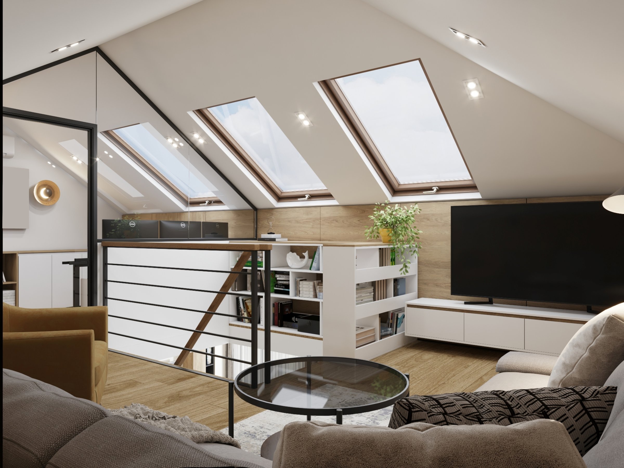 A contemporary loft-style living room featuring ample natural light, sophisticated furnishings, and versatile design elements for a stylish and comfortable interior.