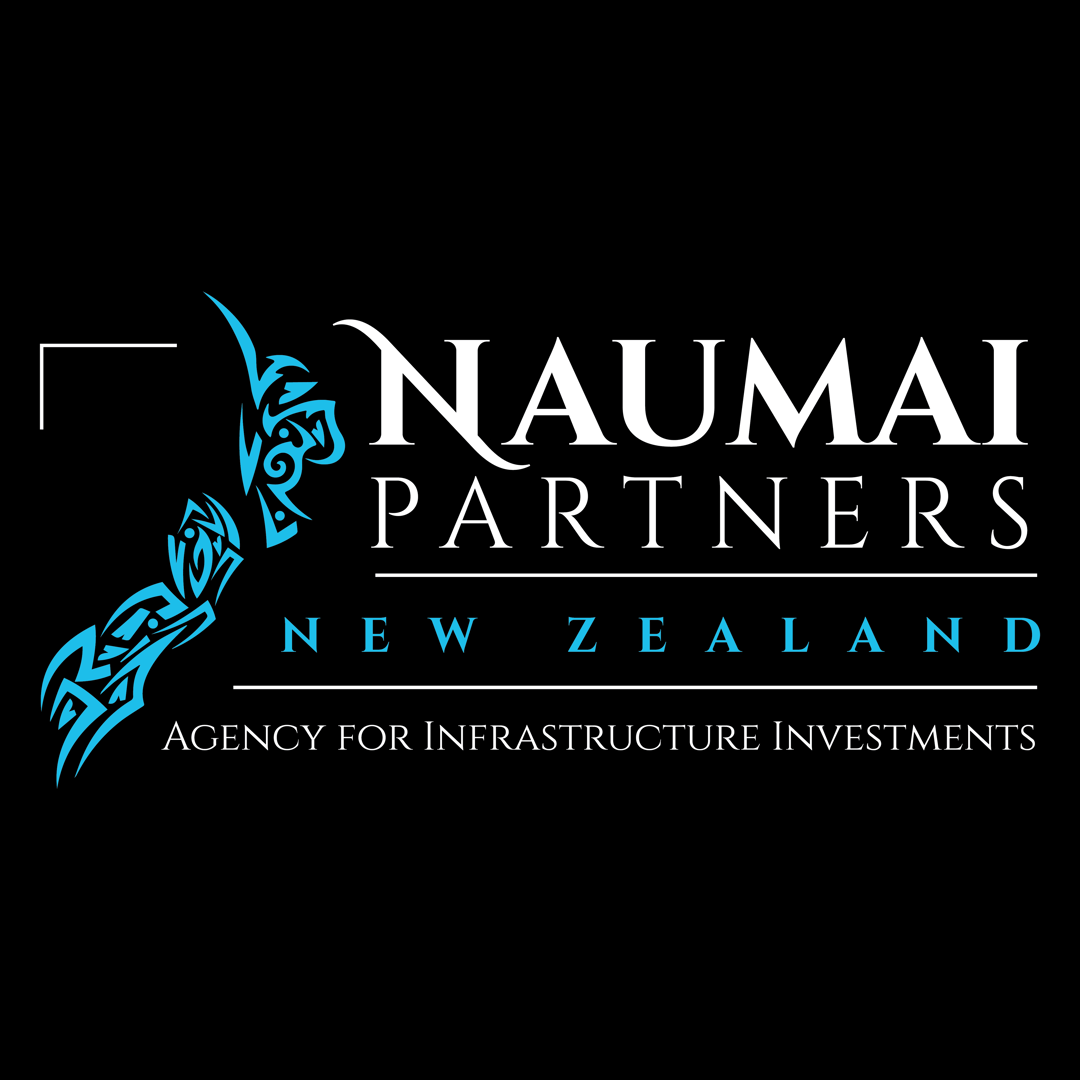 Logo for Naumai Partners New Zealand, featuring blue Maori design and text "Agency for Infrastructure Investments."