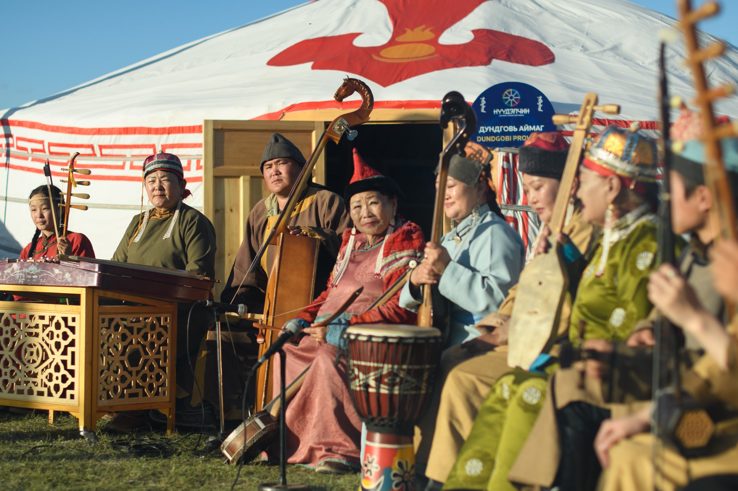 Ulaanbaatar, Tuv, Mongolia - August 12, 2023: Mongolian national musicians. Nomads world cultural festival Mongolia