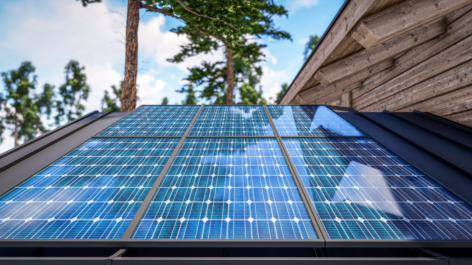 3d rendering of installation Solar panels on the roof of modern cozy chalet with pool and parking for sale or rent. Beautiful forest mountains on background