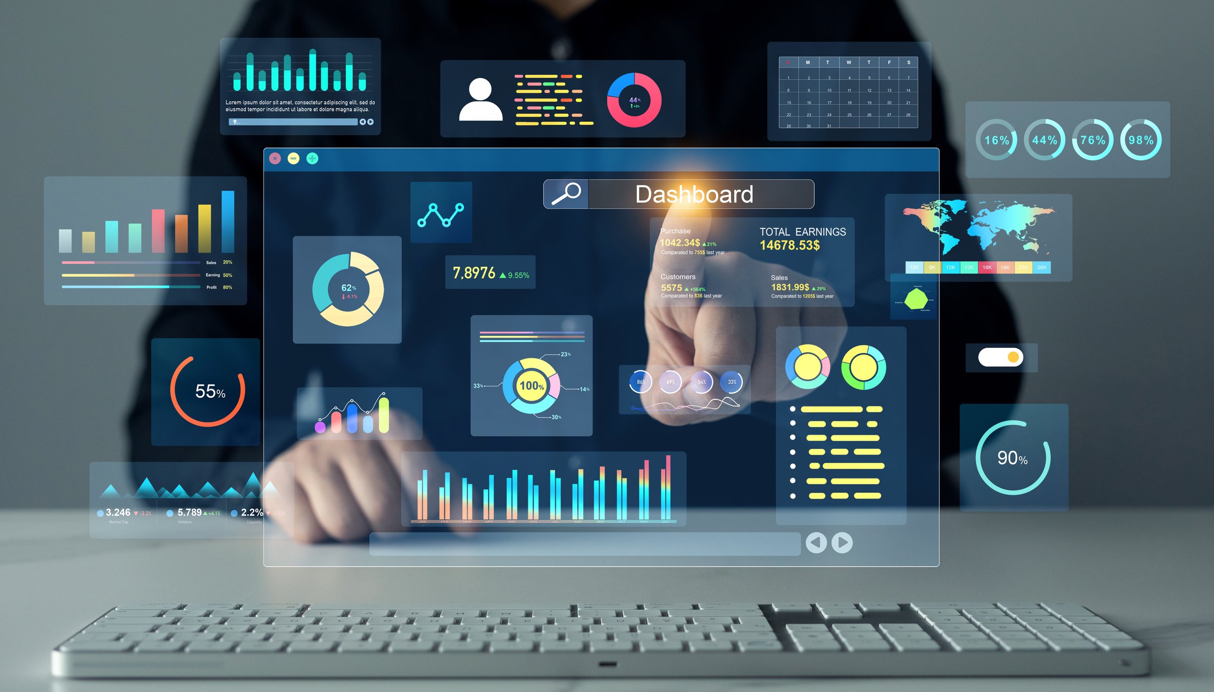 Data System KPI and metrics connected in database for follow earnings,operations and sales data.Businessman using KPI dashboard.Financial business KPI System data analytics graph dashboard