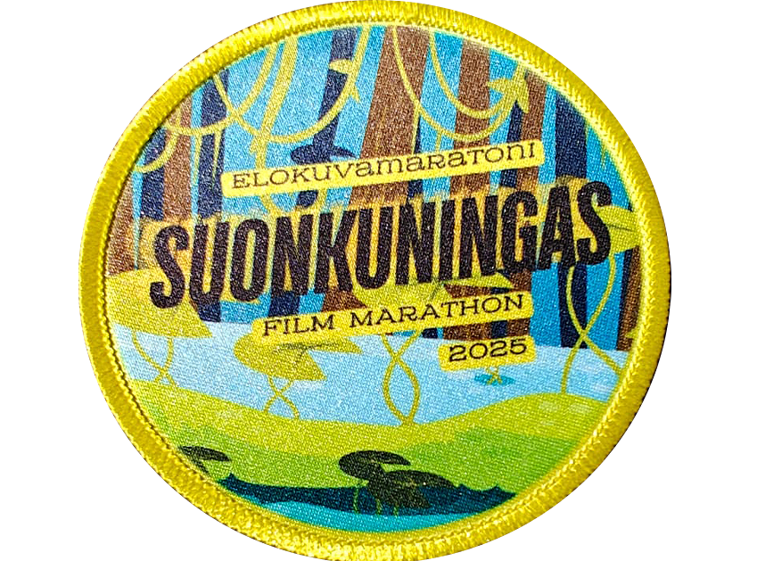 Circular patch with text Elokuvamaratoni Suonkuningas Film Marathon 2025 and abstract nature design with yellow border.