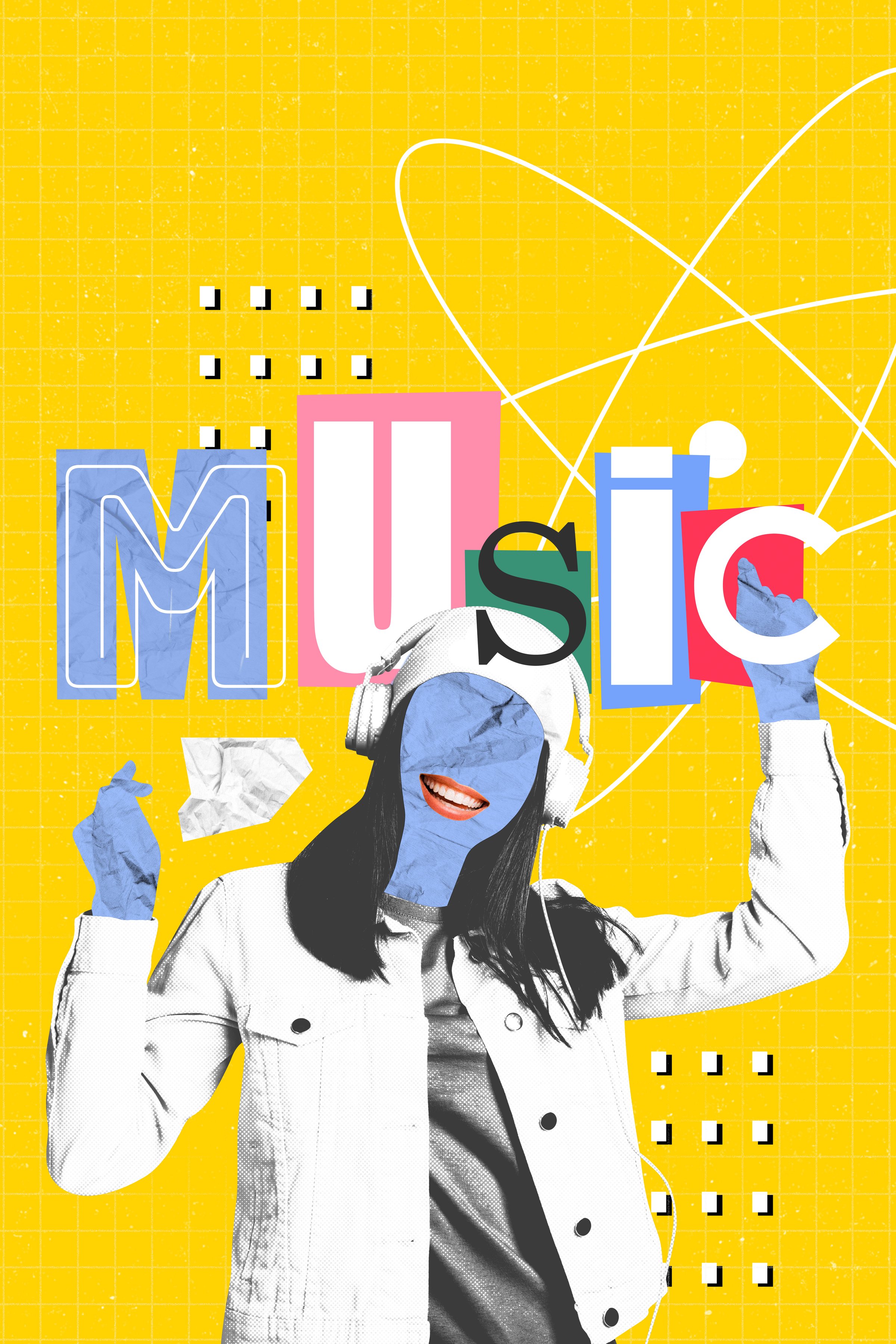 Vertical photo image 3d collage of happy girl faceless dance music listen music headphones enjoy friday mood clubbing event.