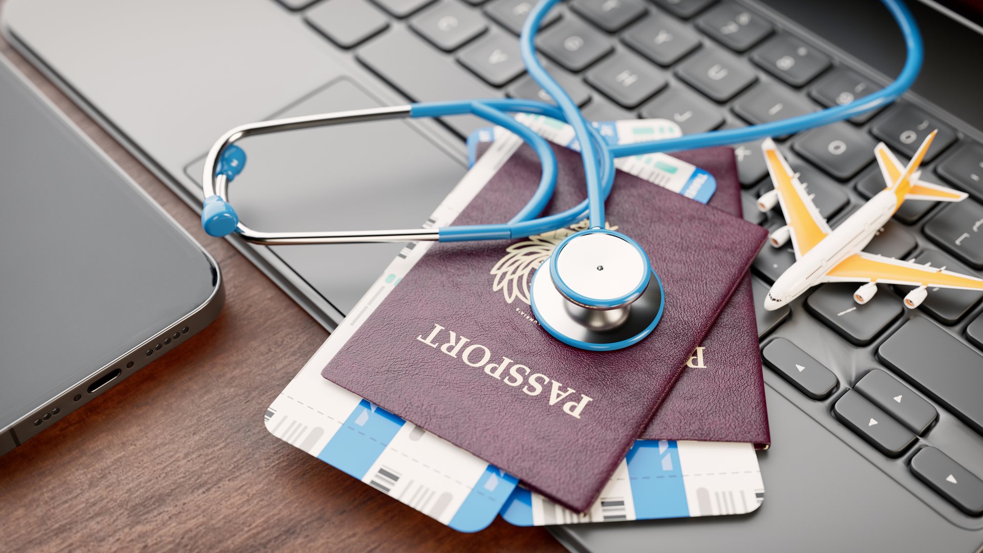 A stethoscope on passports, boarding passes, and a miniature airplane on a laptop, symbolizing travel insurance and health coverage during trips. 3d, rendering, illustration,