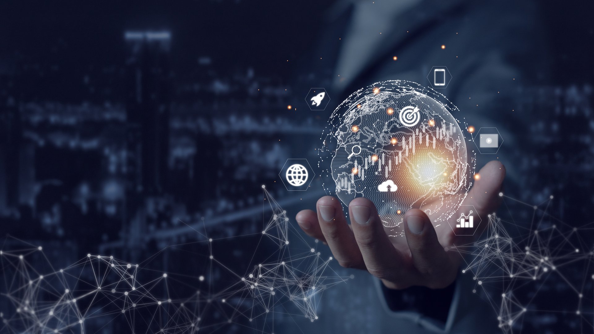 Digital online marketing, businessman holds global internet network Social media marketing and development in global networking