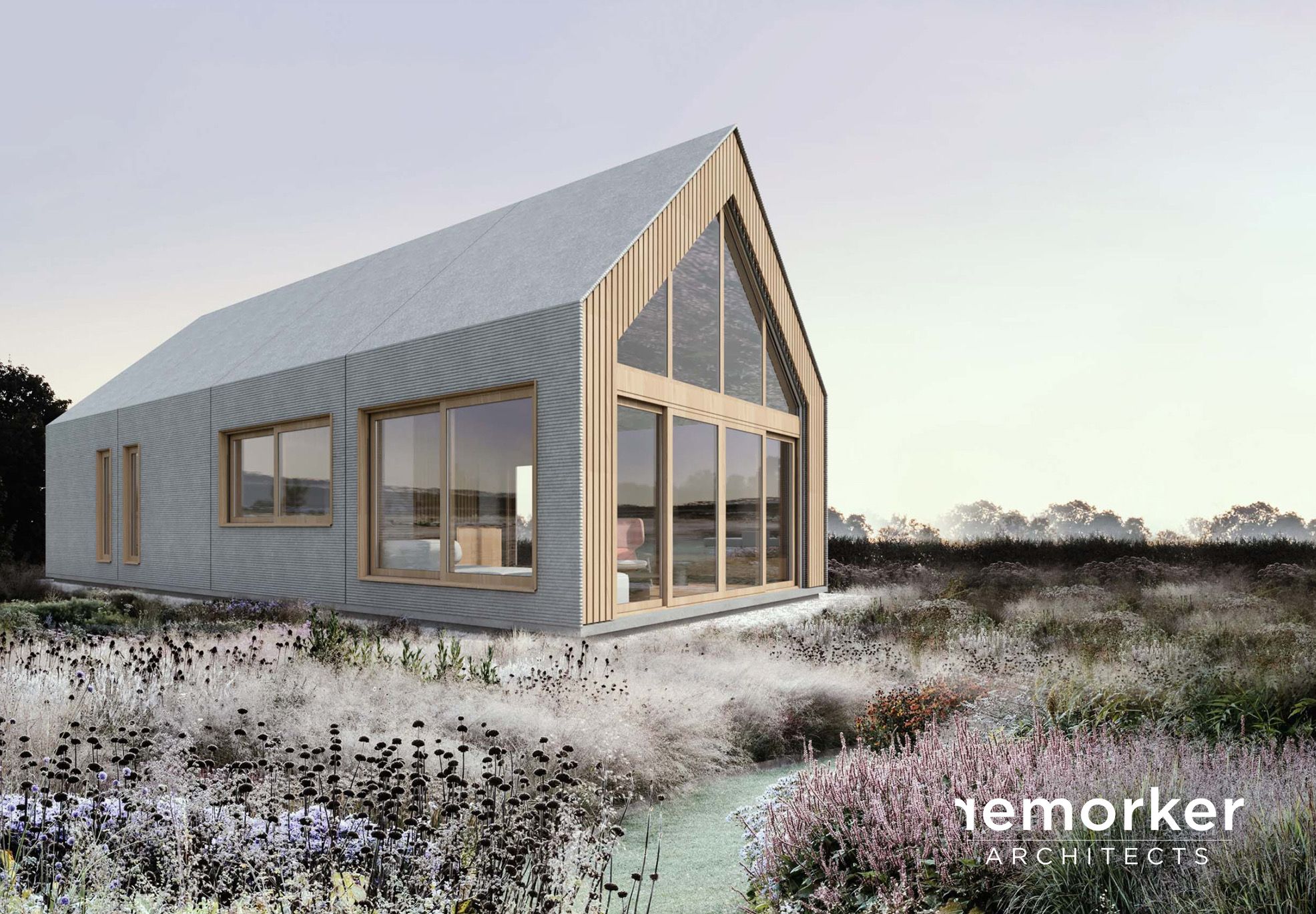 Modern house with large windows in a grassy landscape, labeled "remorker architects."