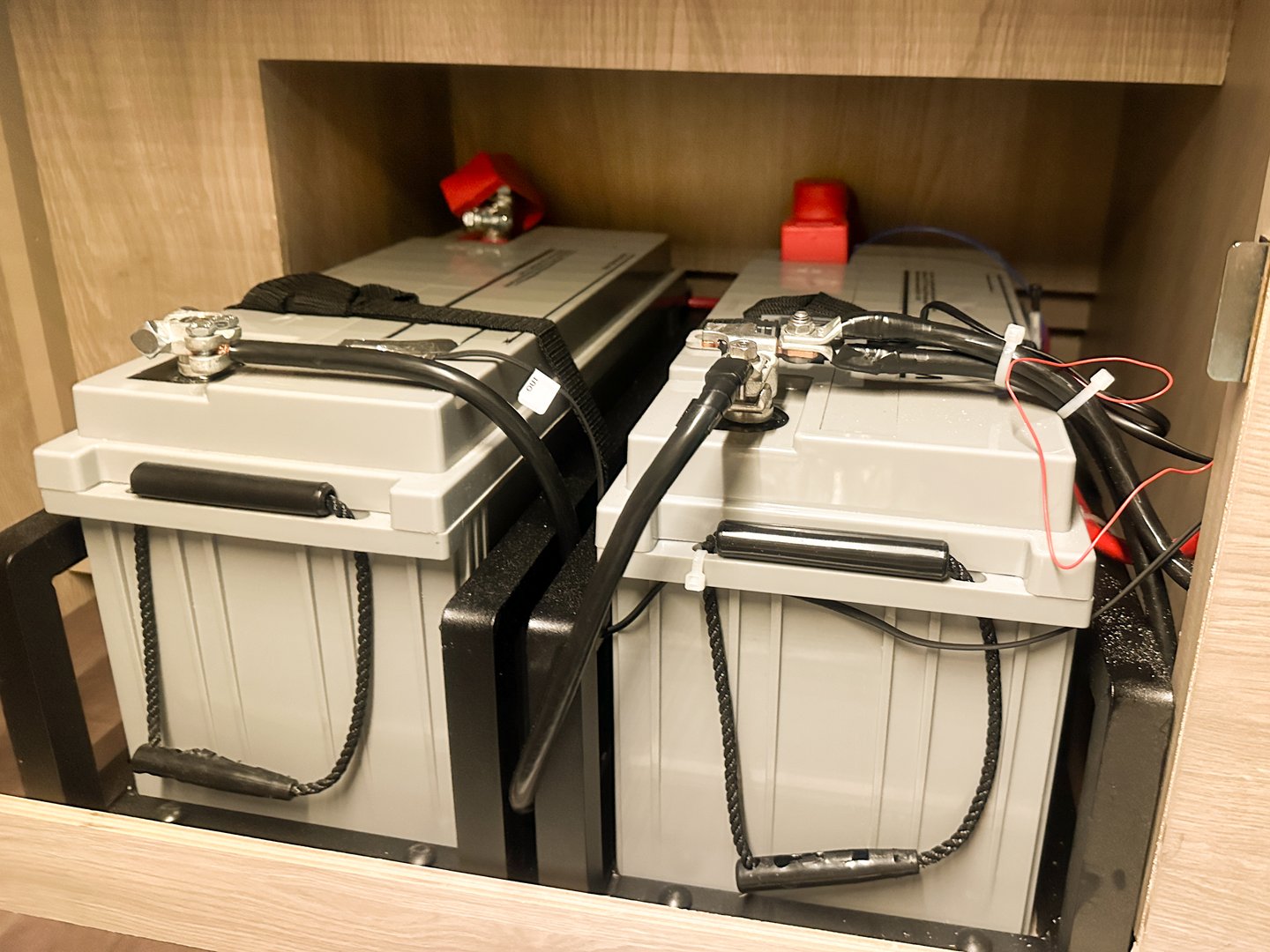 Close up view of leisure batteries in a motorhome