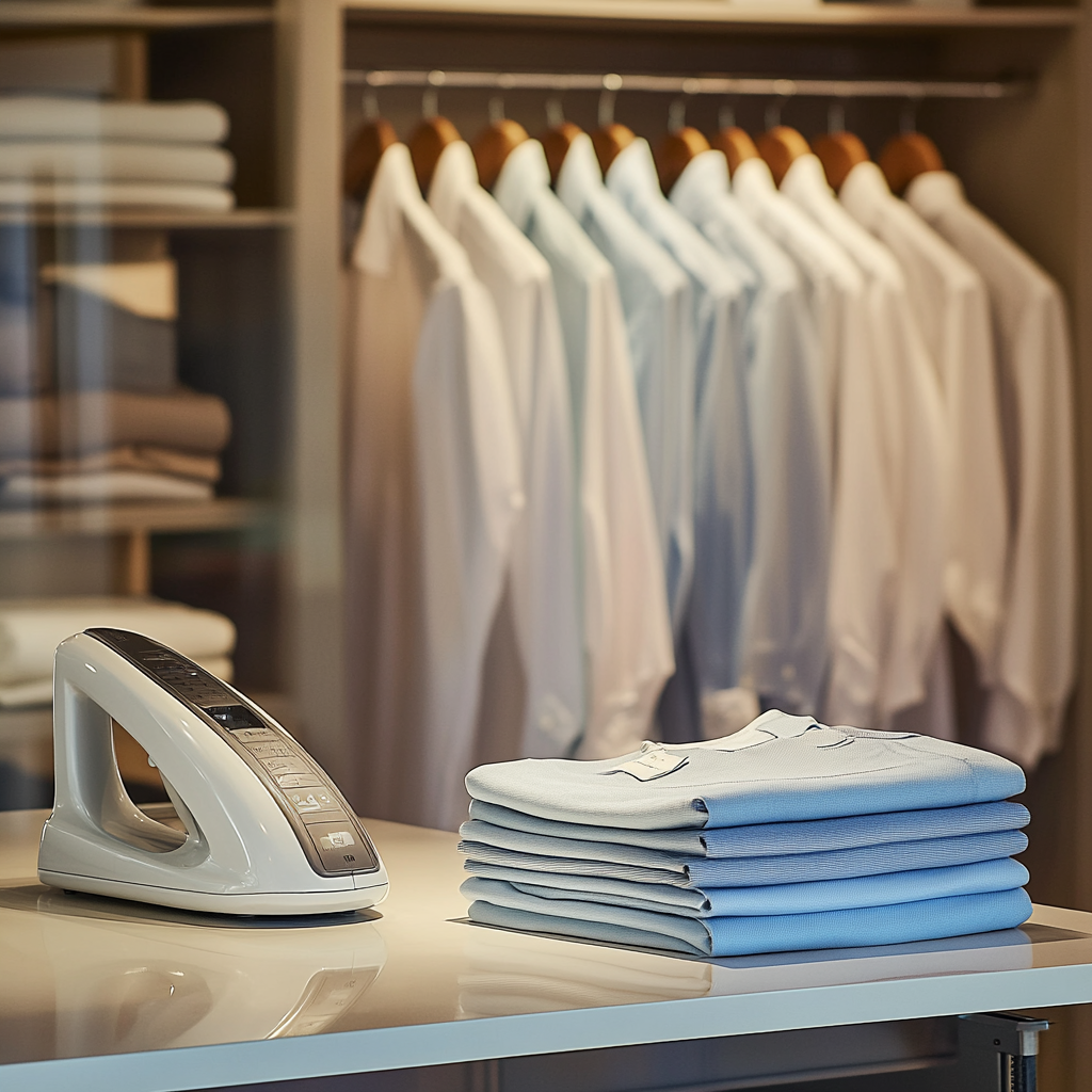 Neatly folded shirts on a table with a handheld iron, against a backdrop of hanging shirts in a closet.