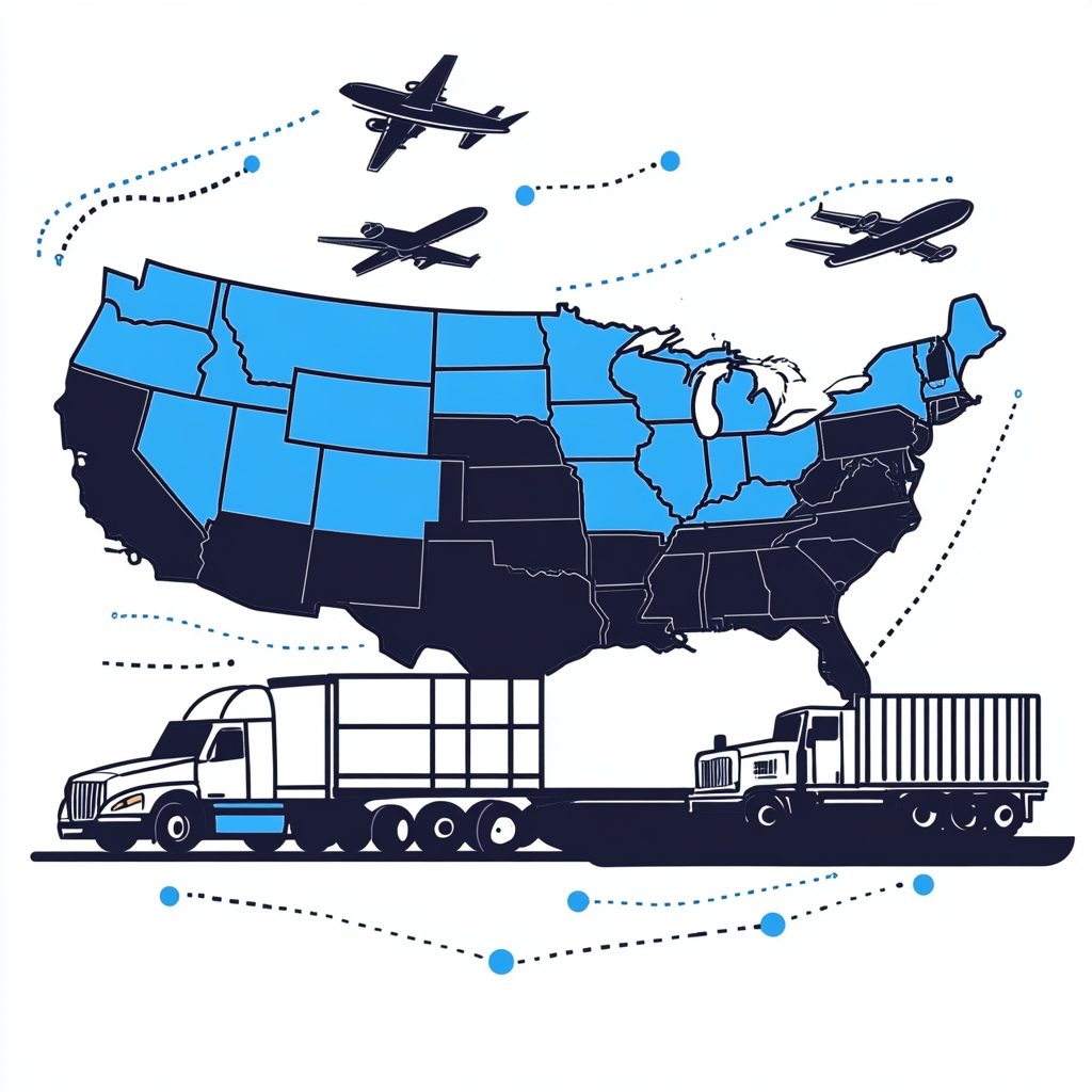Illustration of U.S. map with trucks, planes, and shipping routes, highlighting transportation and logistics.