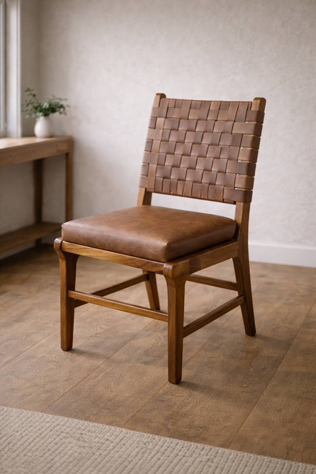 Silla Verona de comedor con respaldo tejido en tiras de cuero y asiento tapizado acolchado