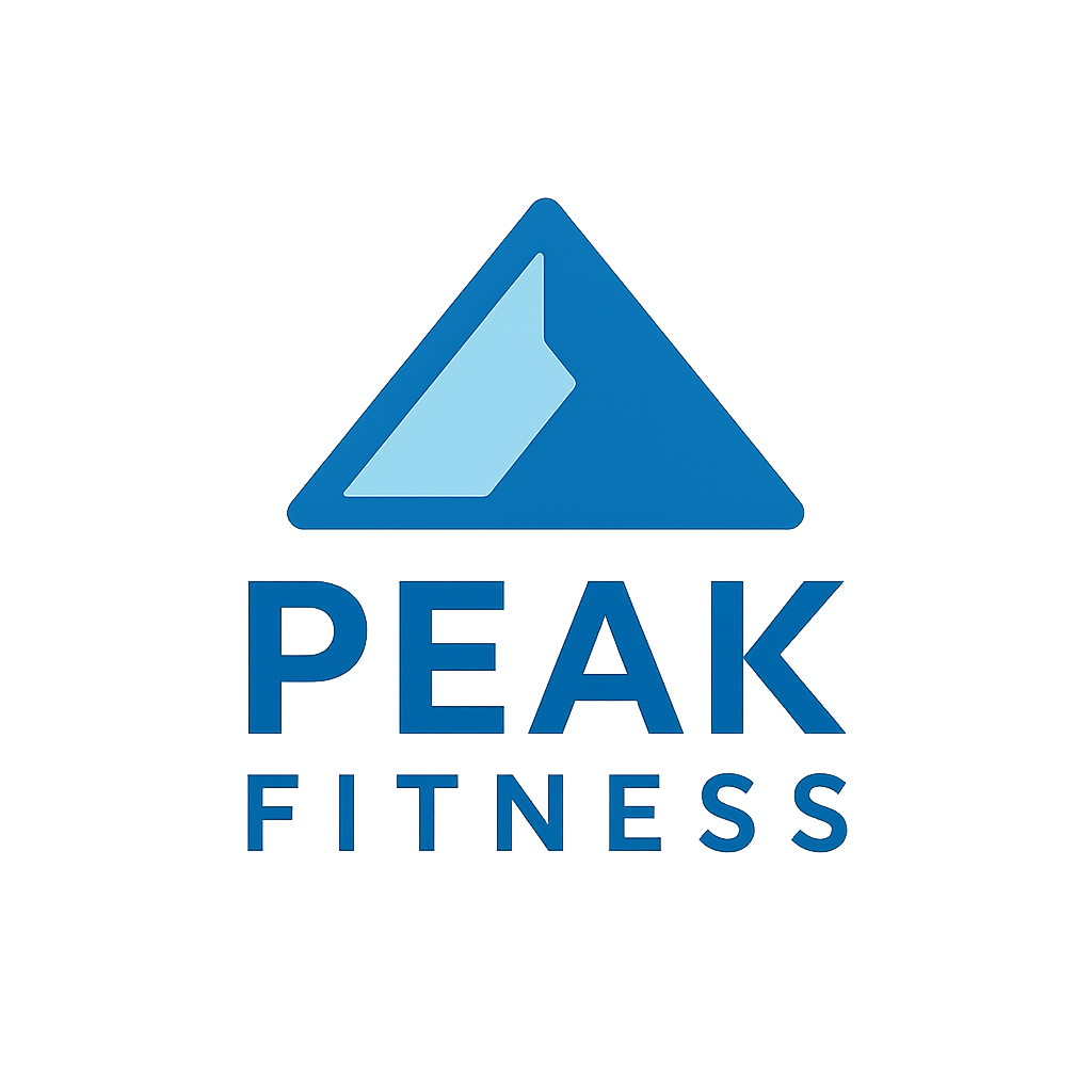 Logo with a blue triangle resembling a mountain and the words Peak Fitness below, set against a dark background.