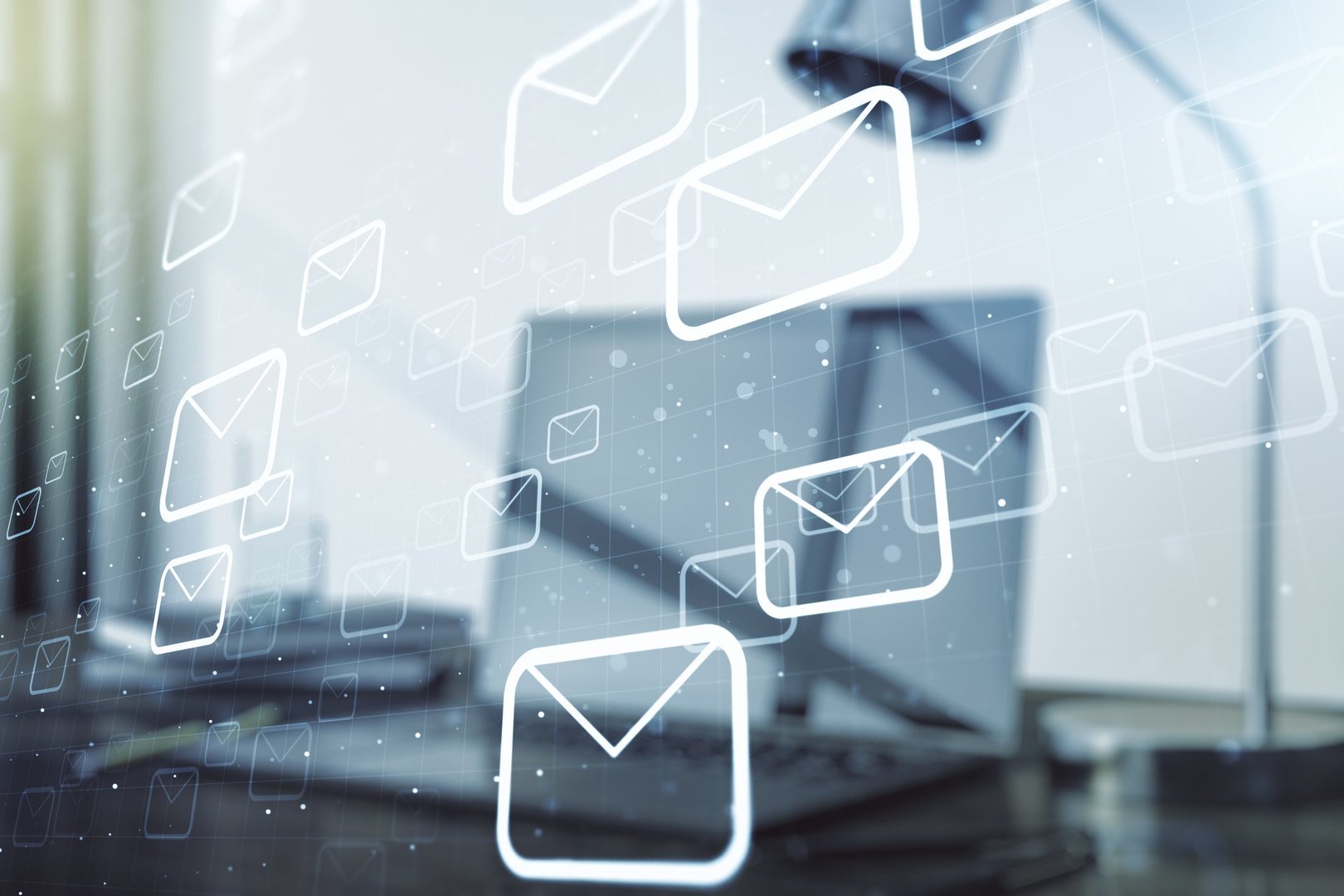 Creative concept of postal envelopes illustration on modern laptop background. Email and communications concept. Multiexposure
