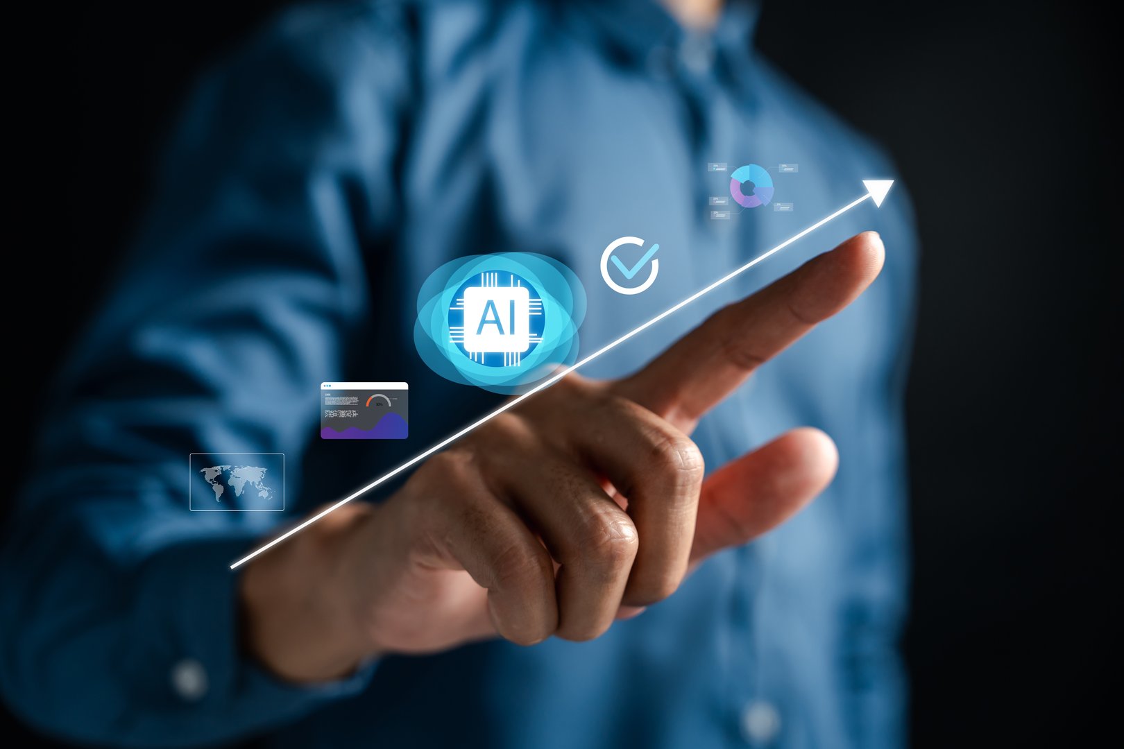 Artificial intelligence symbol with upward growth trend line and futuristic interface. Representing AI advancement, innovation, data progress, smart technology, and future development.