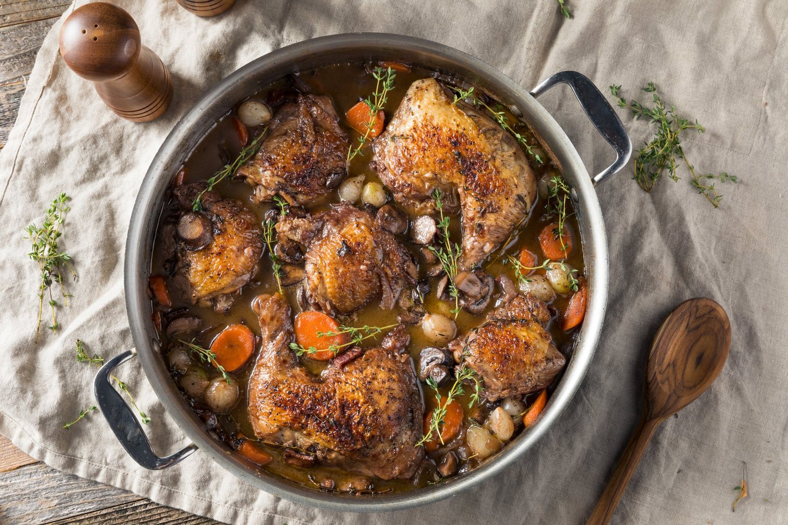 Coq au vin with vegetables