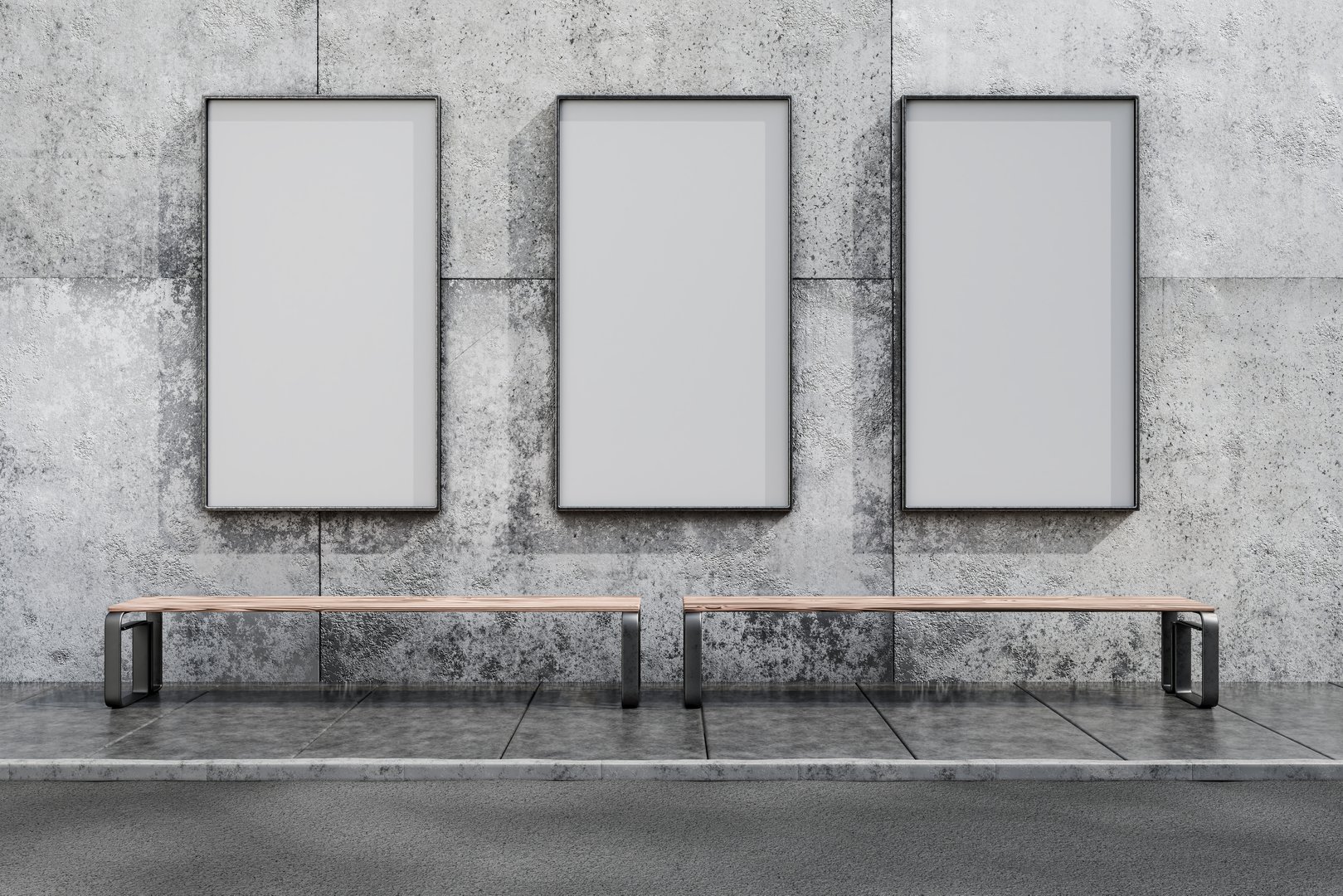 Vertical billboard on city street wall during daytime. Vertical poster for your design. Wall space for your brand logo. Blank billboard on metal wall. Blank advertising space on street wall. 3D render.