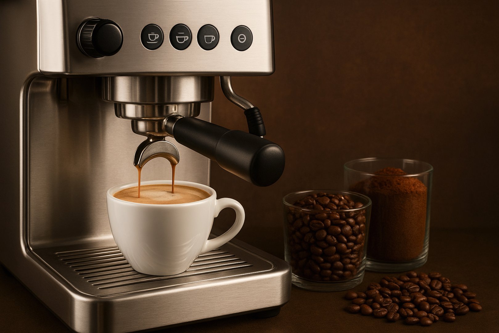 Professional coffee machine brewing cappuccino into a white cup with coffee beans and ground coffee in the background.