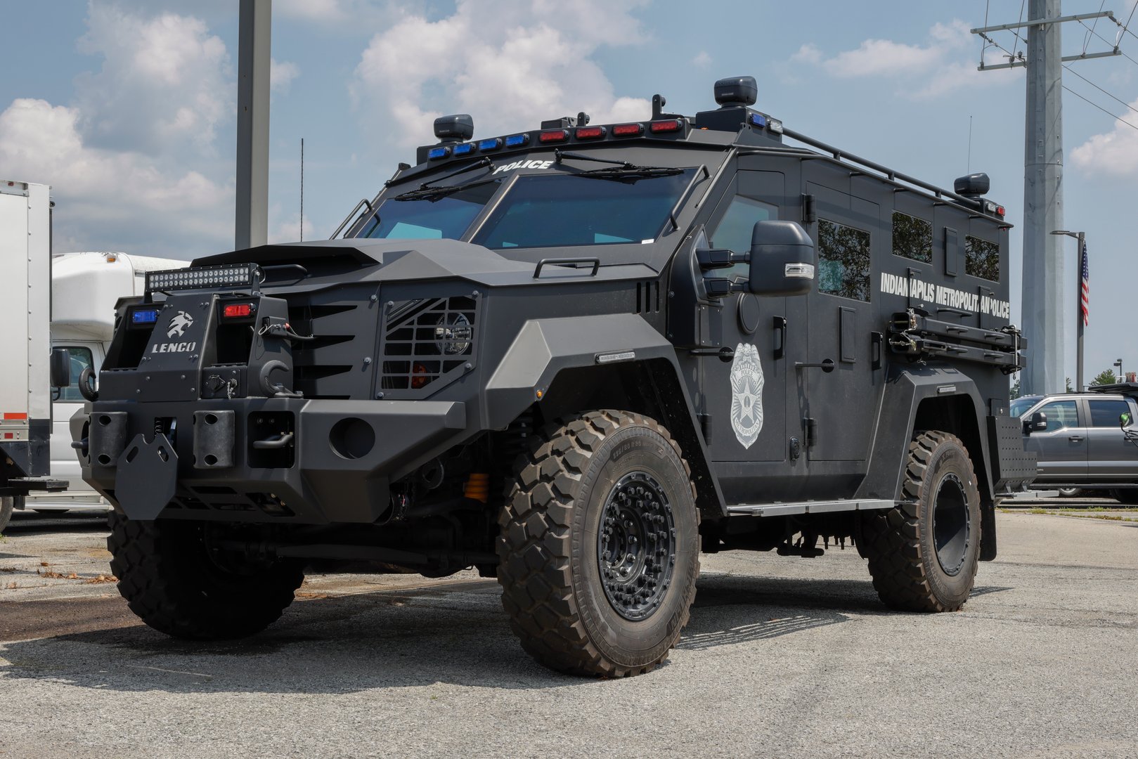 Fishers - August 4, 2024: Indianapolis Metropolitan Police Department Lenco BearCat G3 SWAT Truck and Tactical Vehicle. IMPD has the goal of preserving life and public safety.