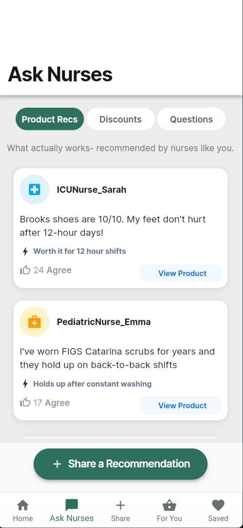 NursePerks recommendations screen showing nurse-curated product picks
