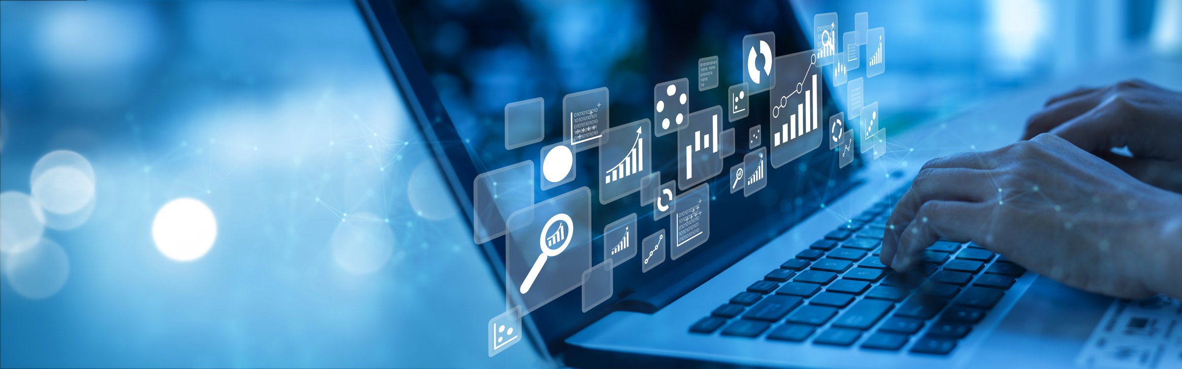 Analyst working with Business Analytics and Data Management System on computer to make report with KPI and metrics connected to database. Corporate strategy for finance, operations, sales, marketing